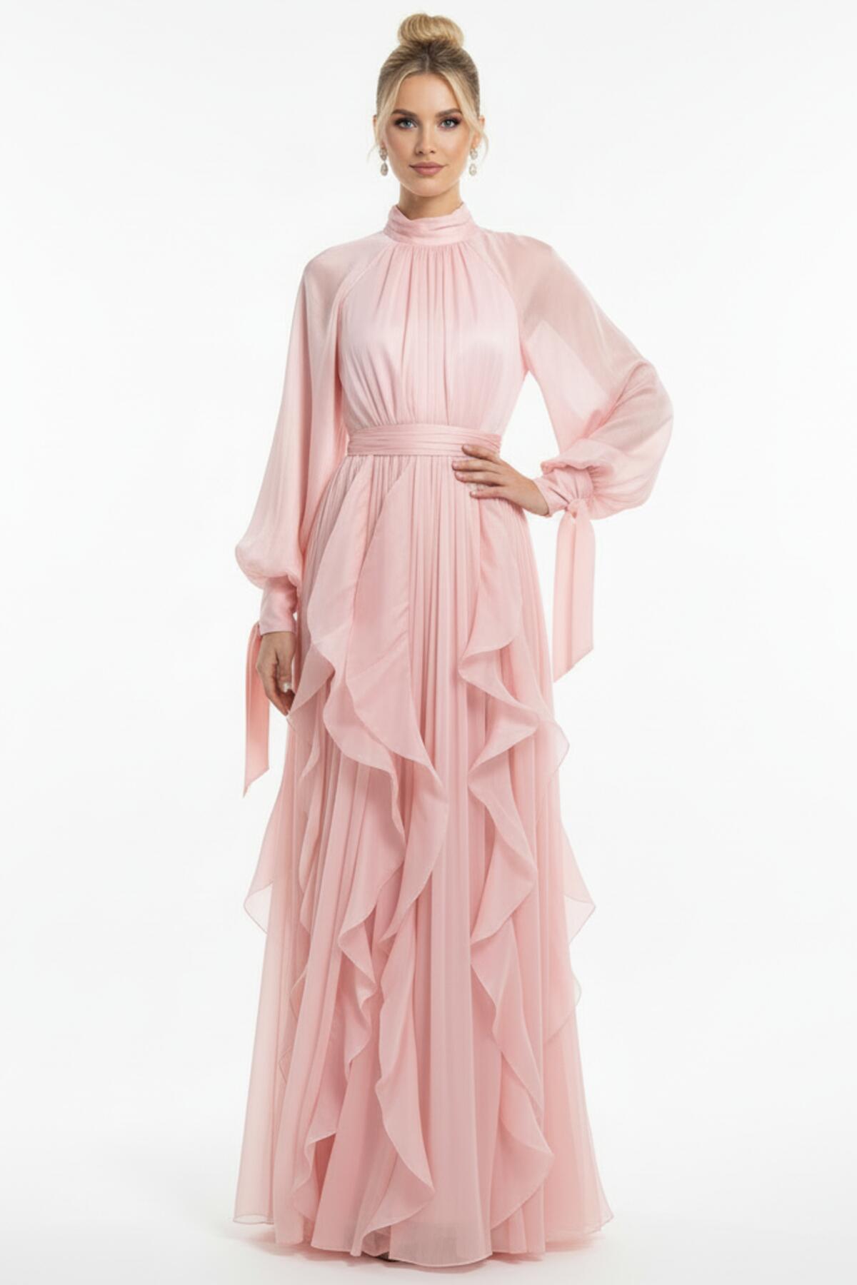 Bouclé Long - Sleeve Evening Dress, Powder Pink