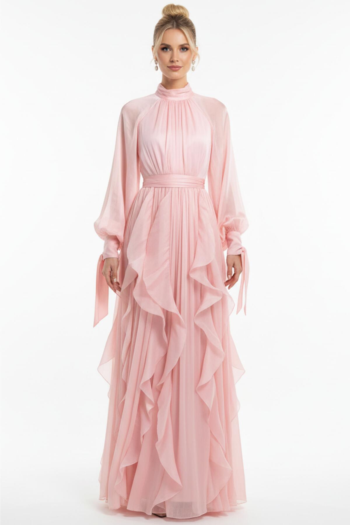 Bouclé Long - Sleeve Evening Dress, Powder Pink