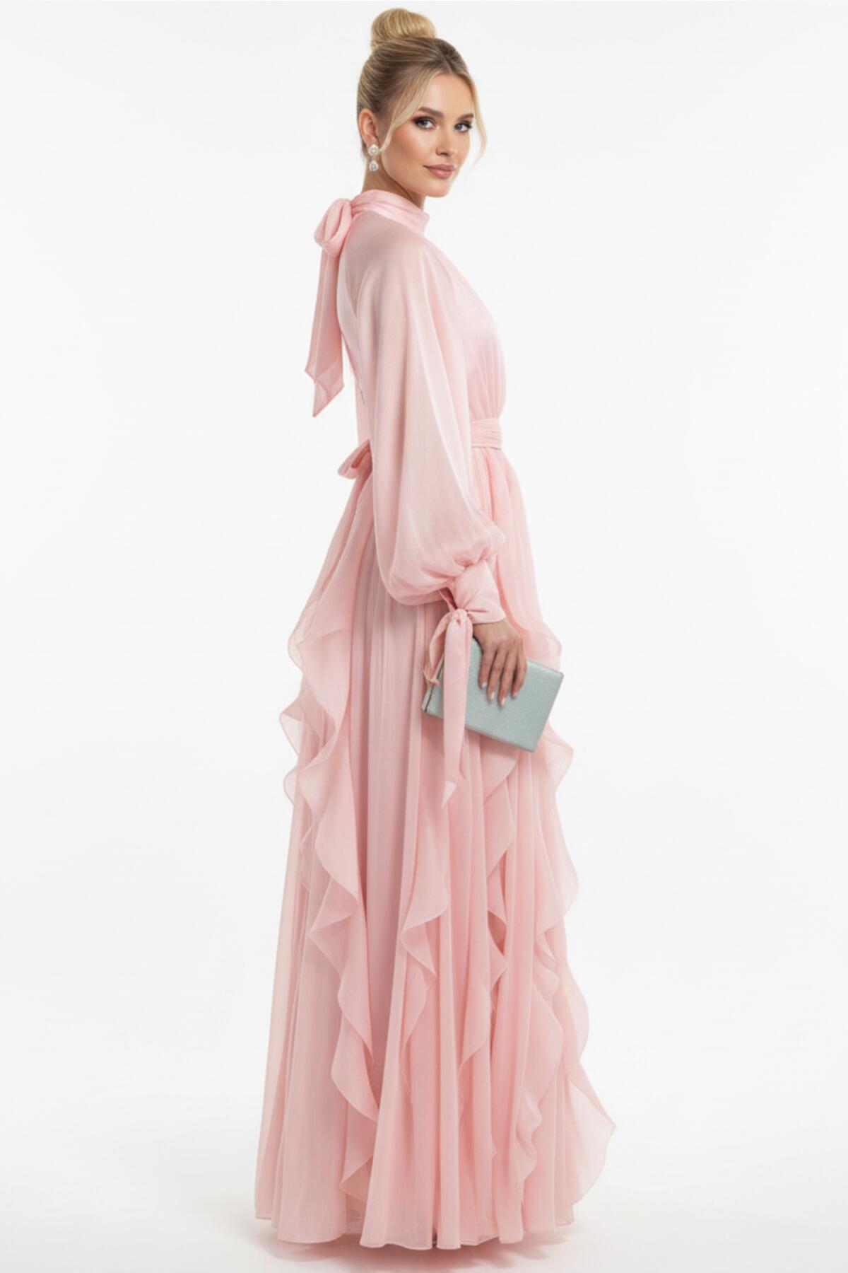 Bouclé Long - Sleeve Evening Dress, Powder Pink