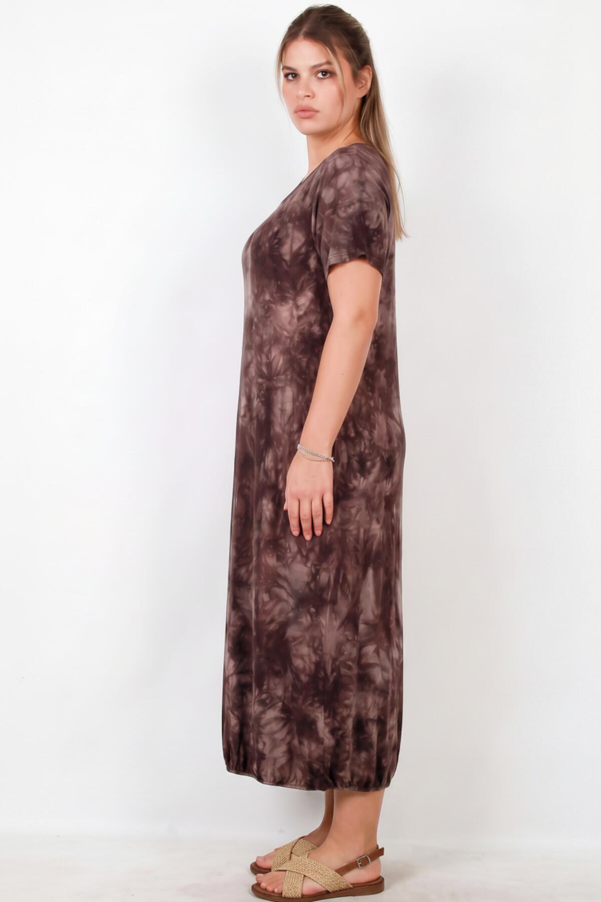 Plus - Size Short‑Sleeve Dress With Snap Hem — Brown