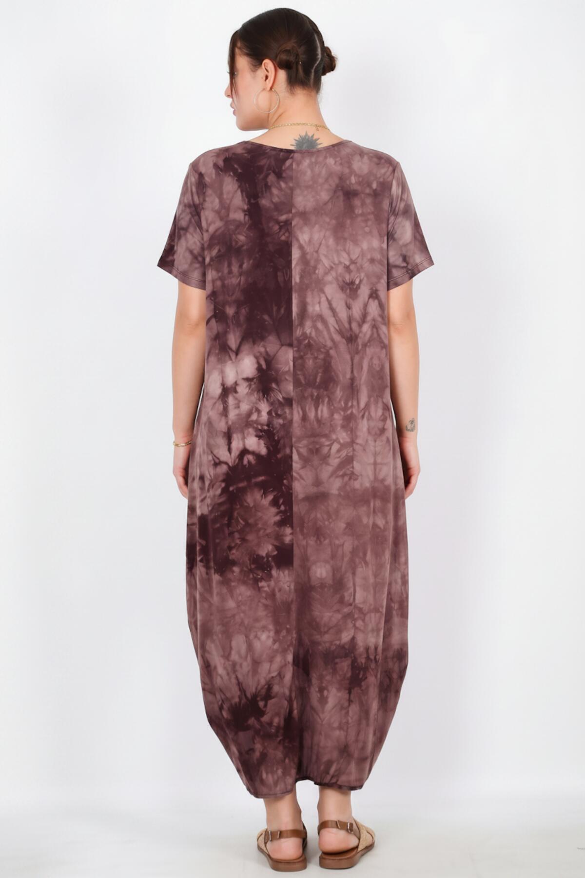 Plus - Size Short‑Sleeve Dress With Snap Hem — Brown