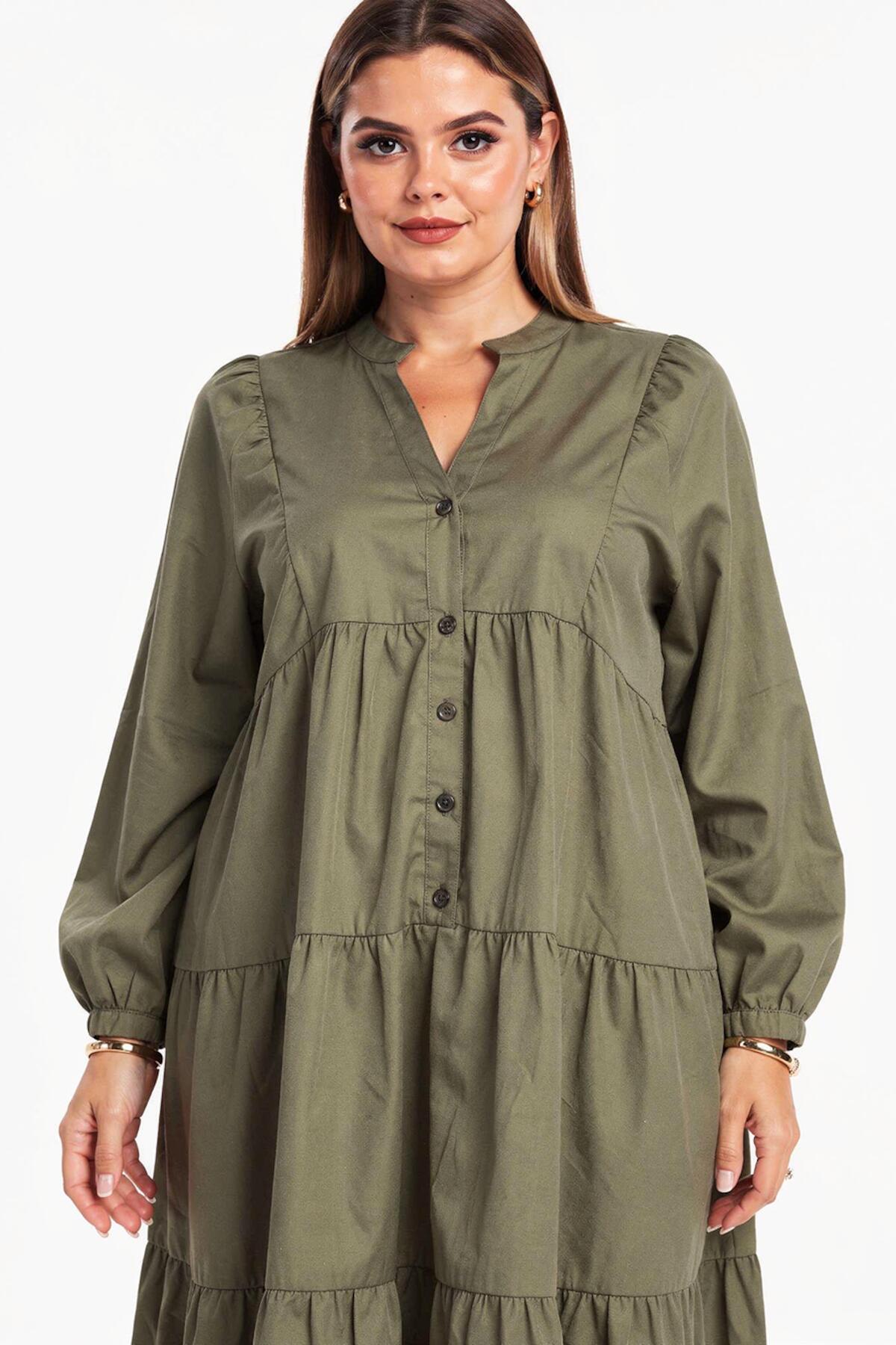 Plus - Size Button - Through Long Dress — Khaki