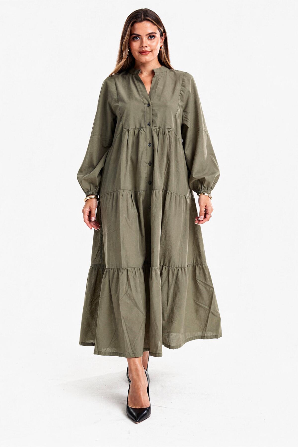 Plus - Size Button - Through Long Dress — Khaki