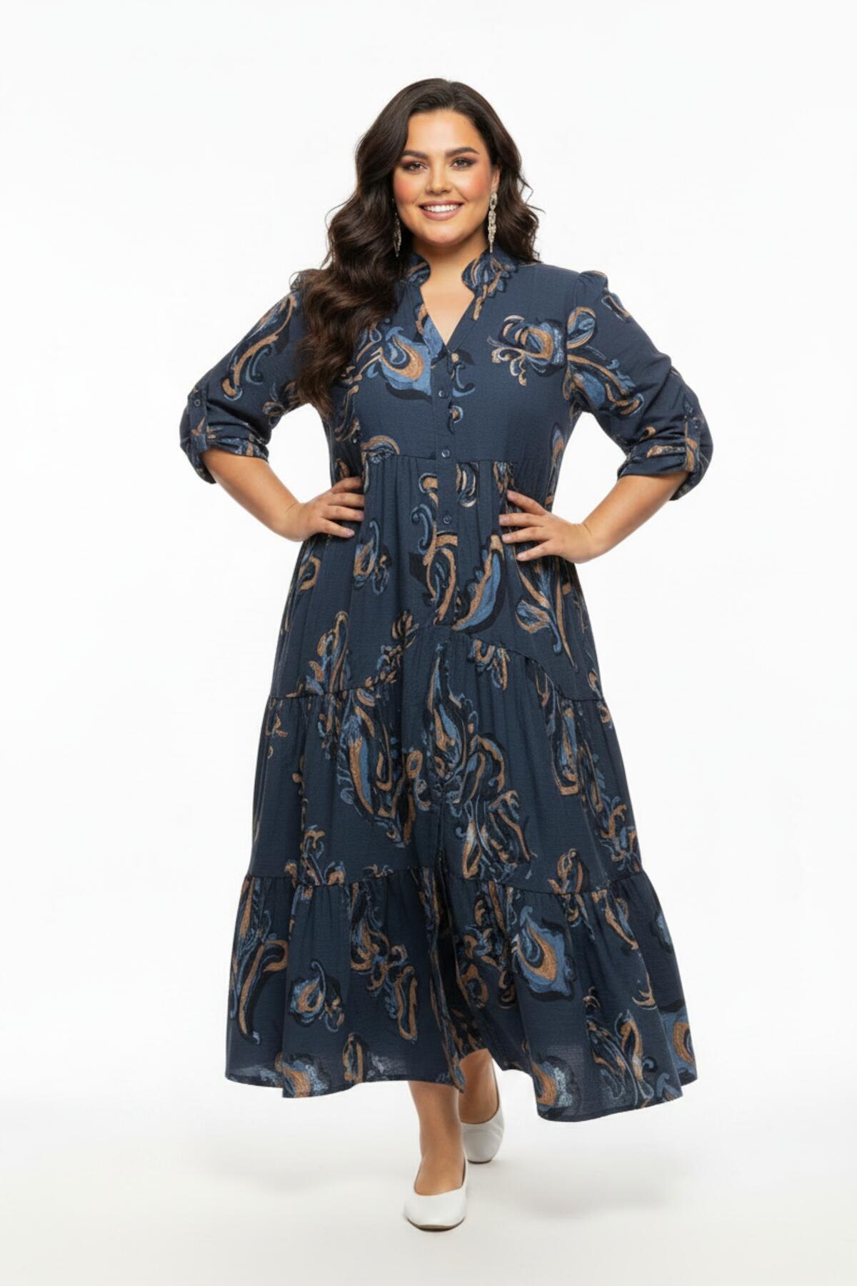 Plus - Size Long Dress With Elastic Cuffs — Beige