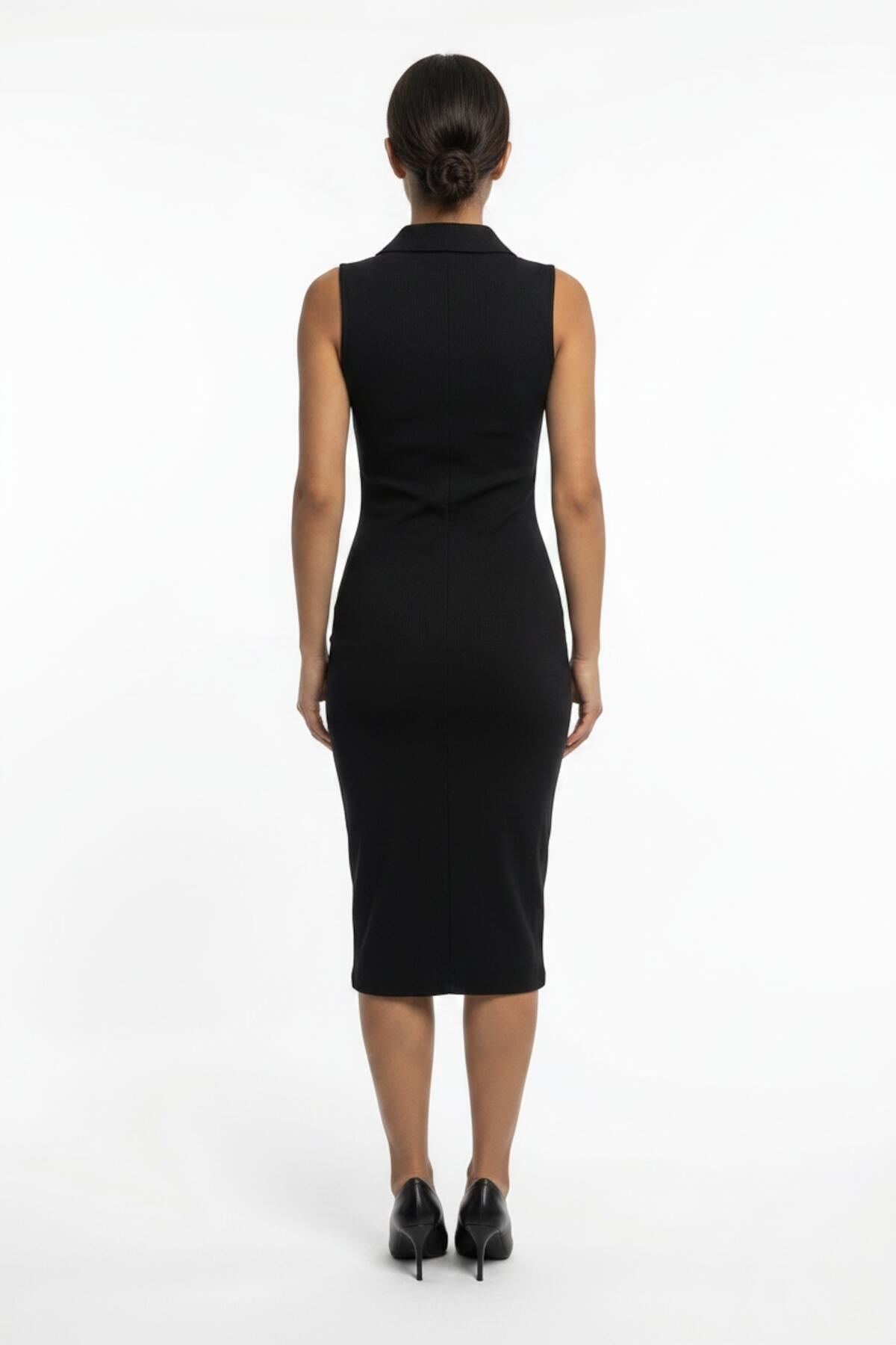 Long Ottoman Dress With Button Placket — Black