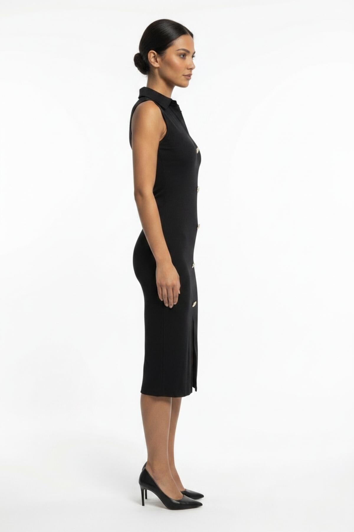 Long Ottoman Dress With Button Placket — Black