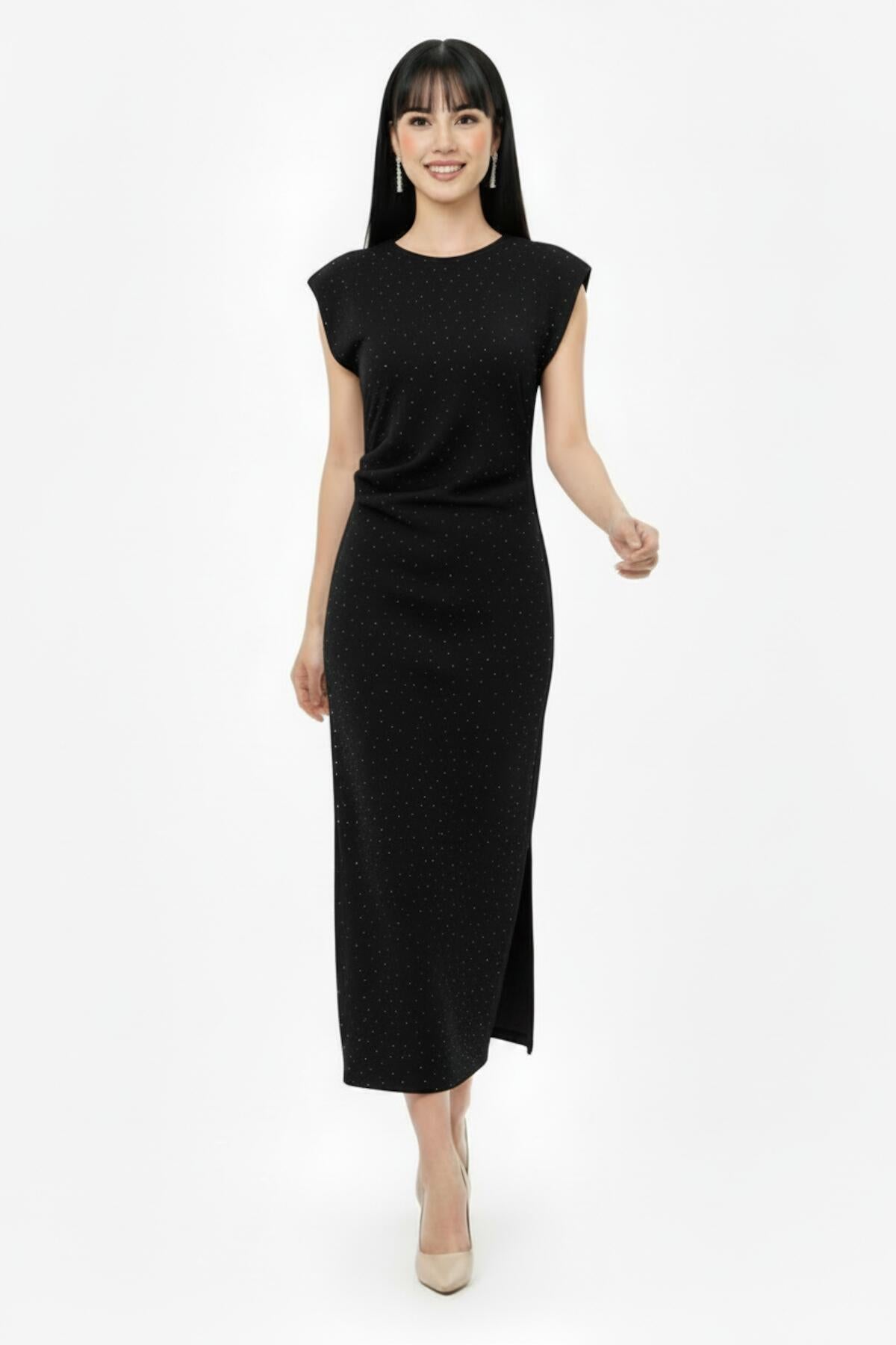 Embellished Gathered‑Waist Dress — Black