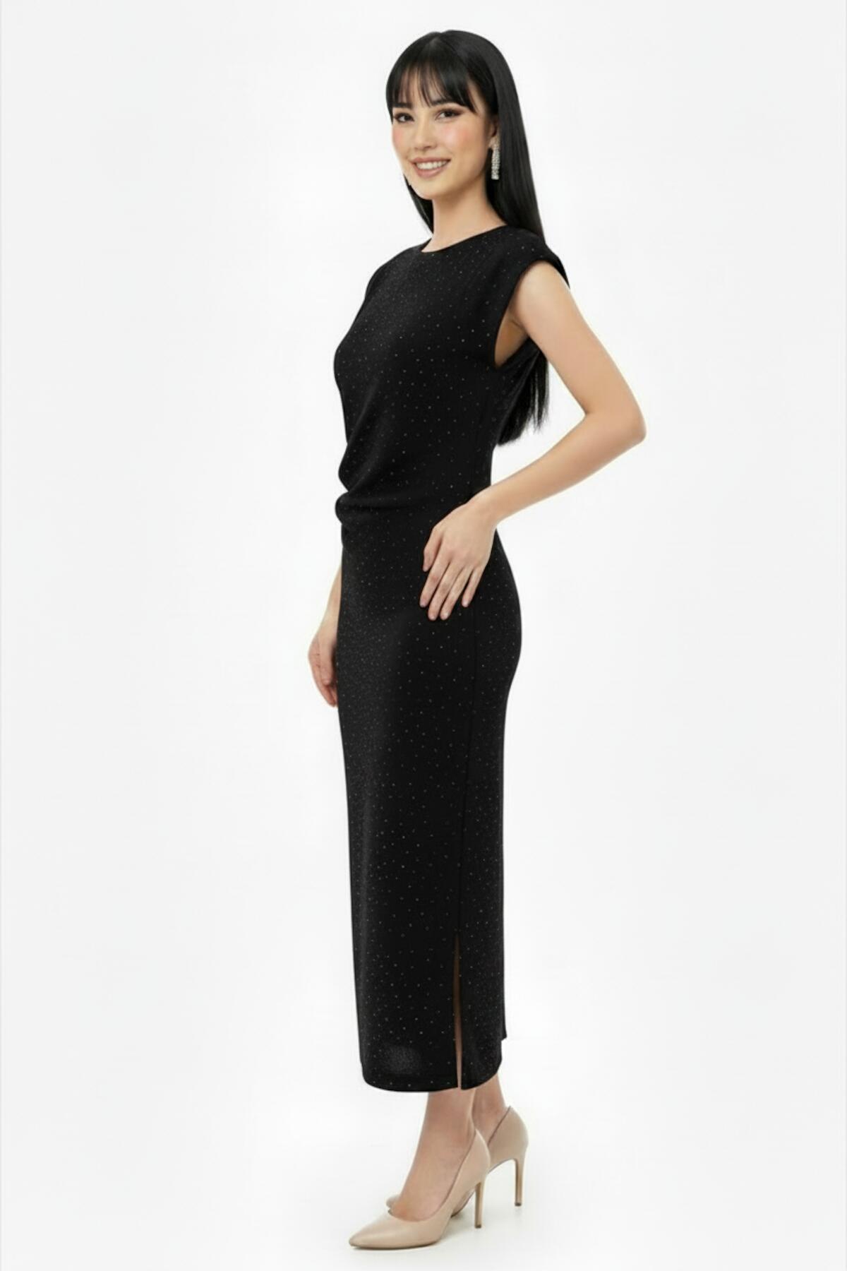 Embellished Gathered‑Waist Dress — Black