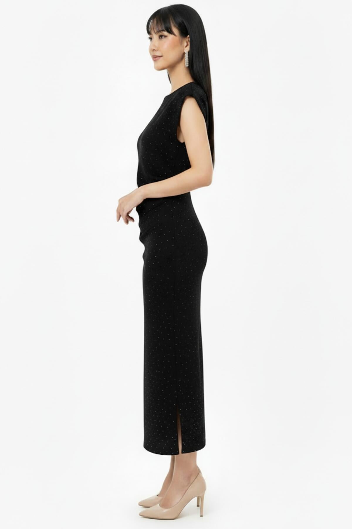 Embellished Gathered‑Waist Dress — Black