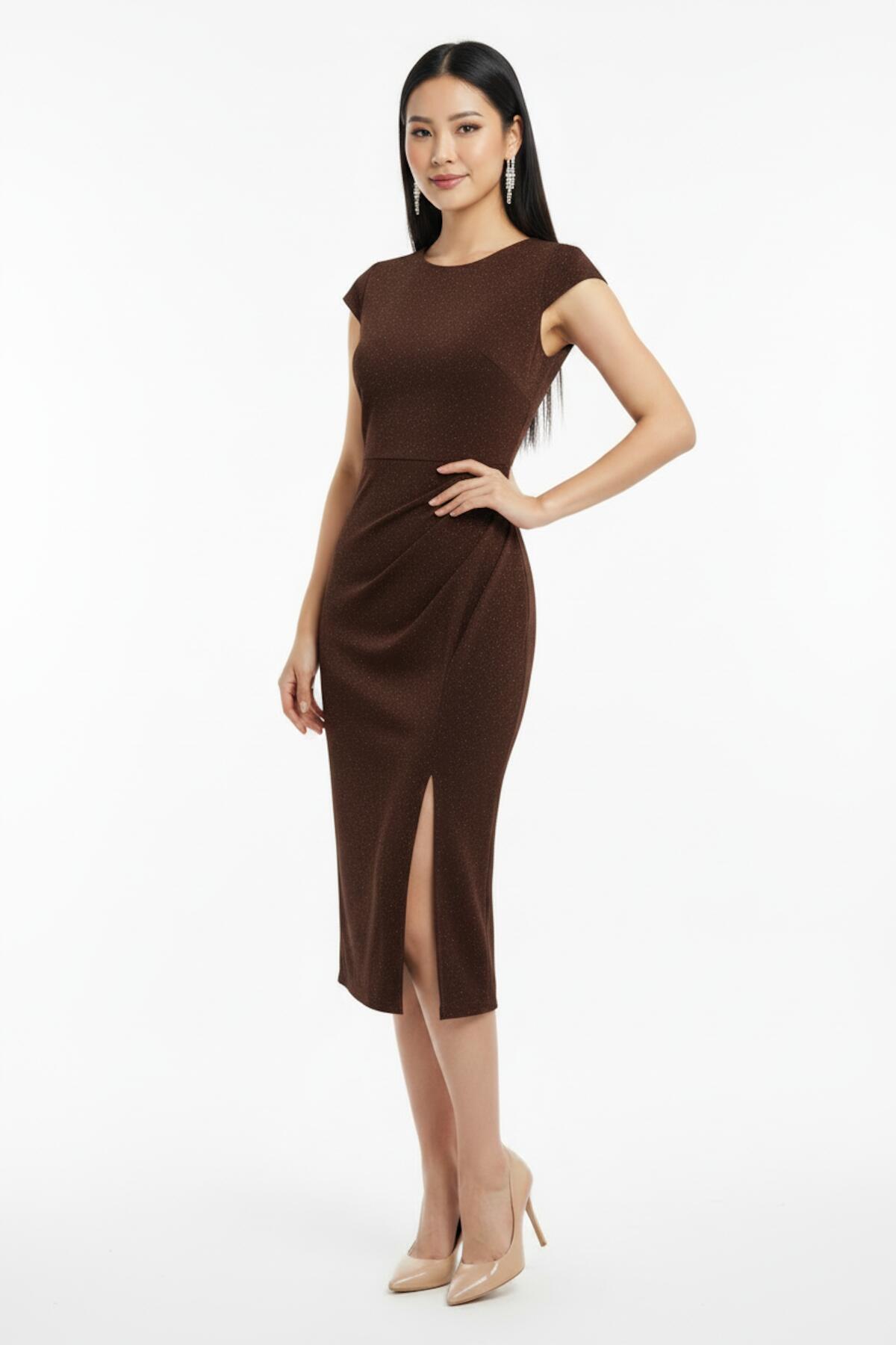 Embellished Gathered‑Waist Dress — Brown