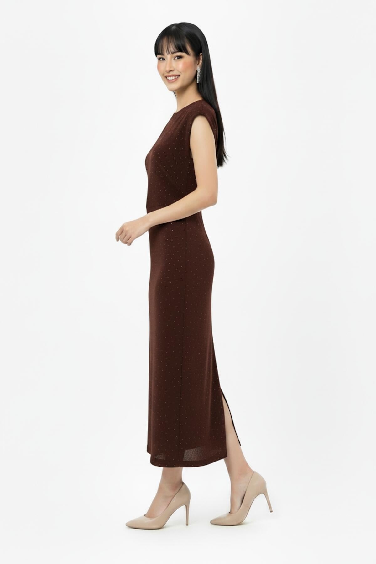 Embellished Gathered‑Waist Dress — Brown