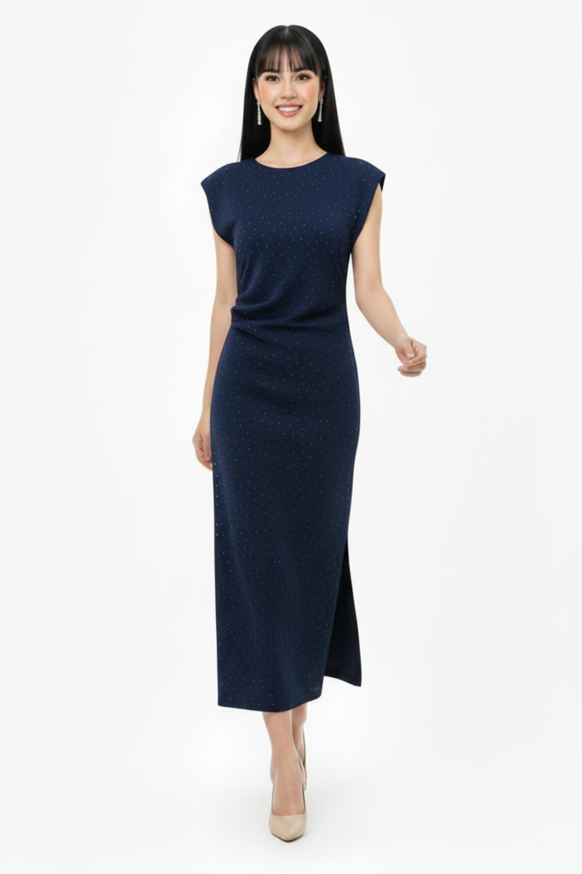 Ruched - Waist Embellished Dress — Navy