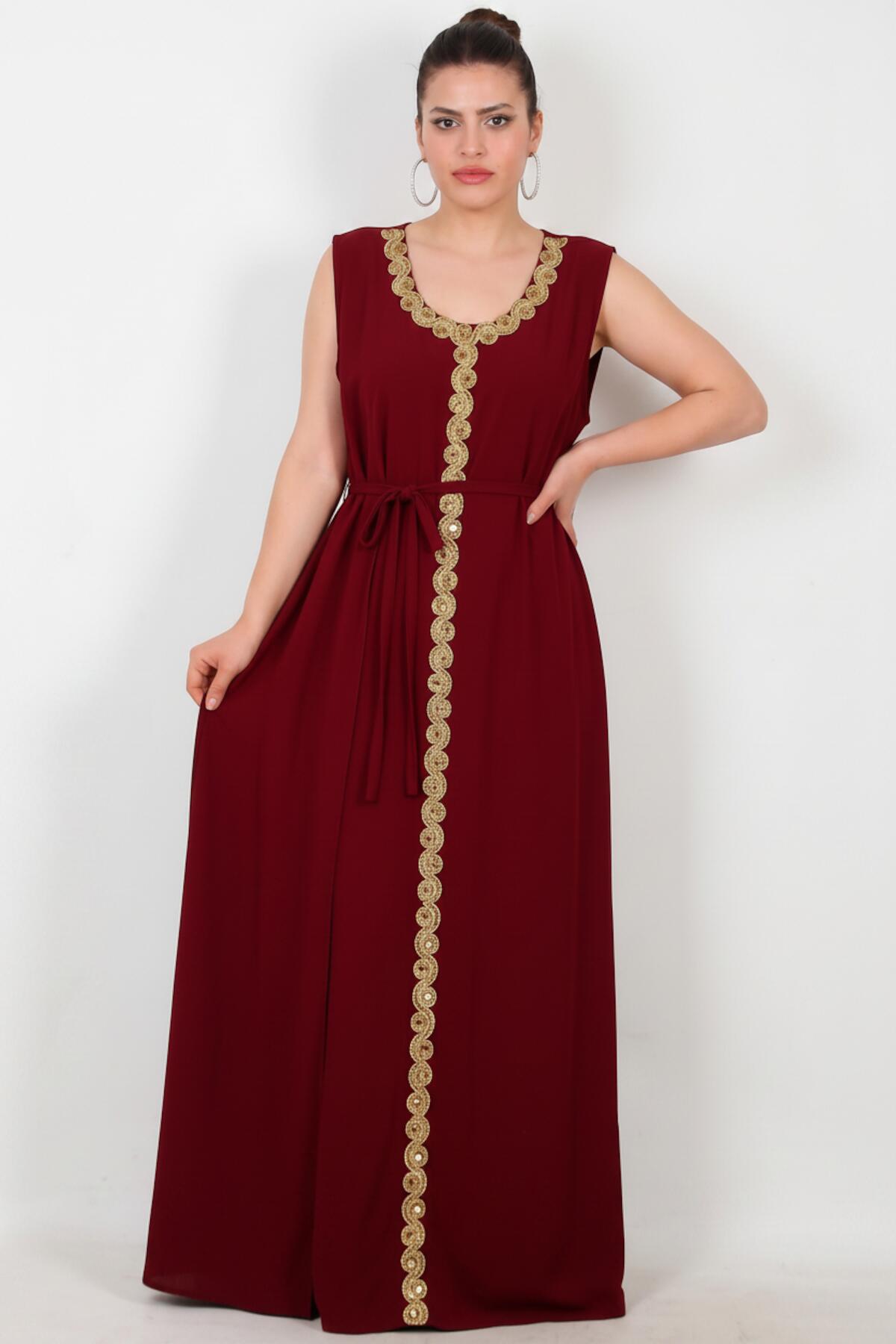 Burgundy Satin Kaftan With Gold Embroidery