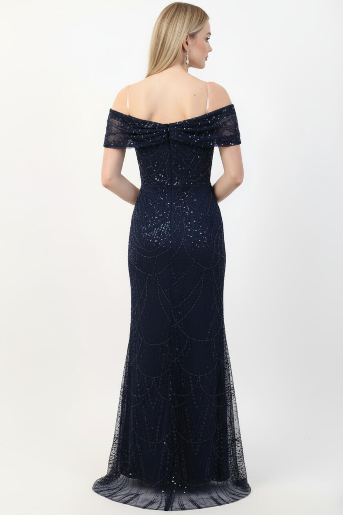 Sequin & Bead Long Gown With Statement Neckline — Navy