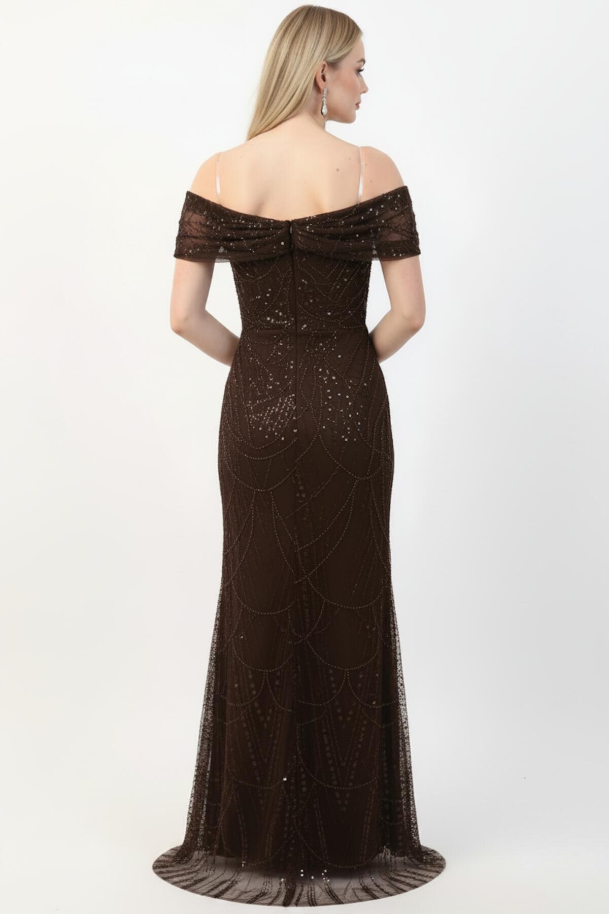 Sequin & Bead Long Gown With Statement Neckline — Brown
