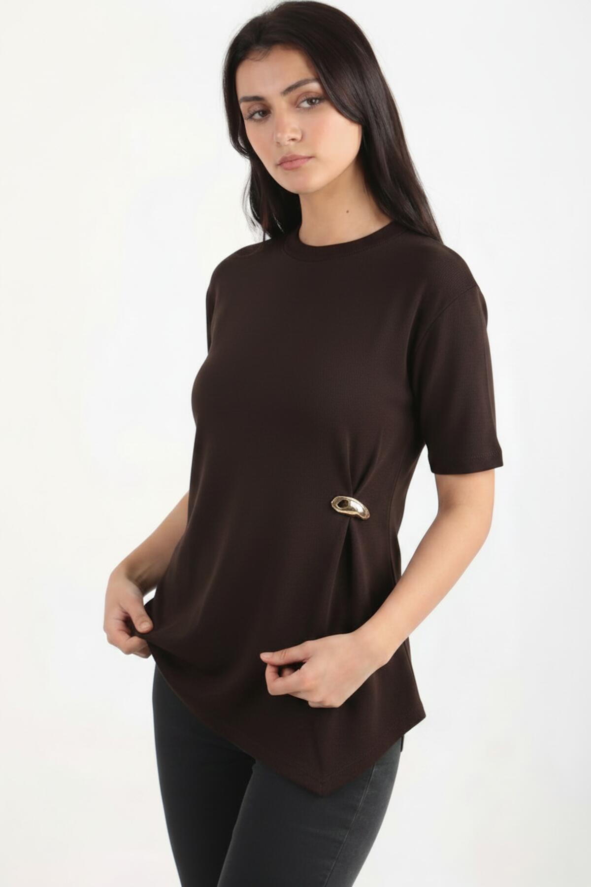 Brown Blouse With Accessory Detail