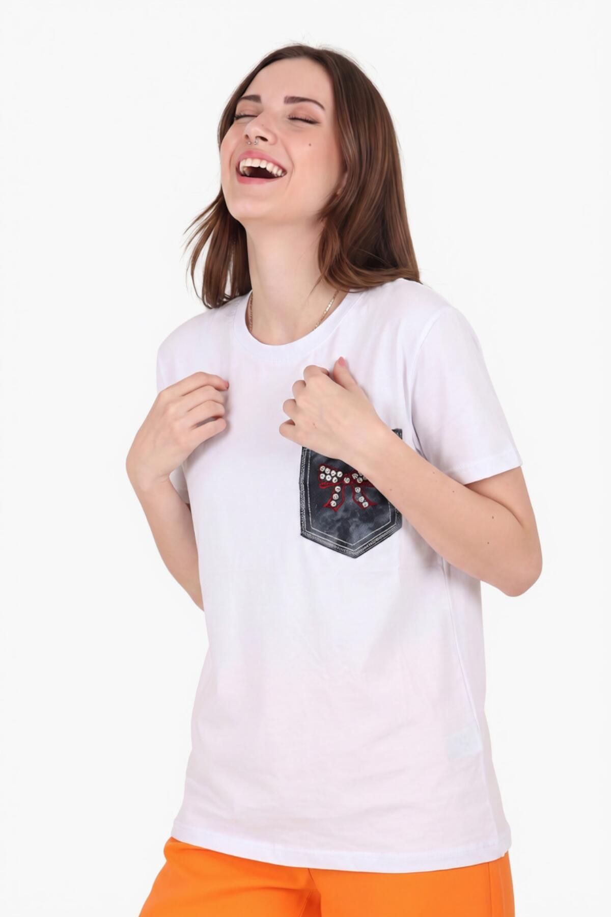 Crew - Neck T - Shirt With Embroidered Denim Pocket — White