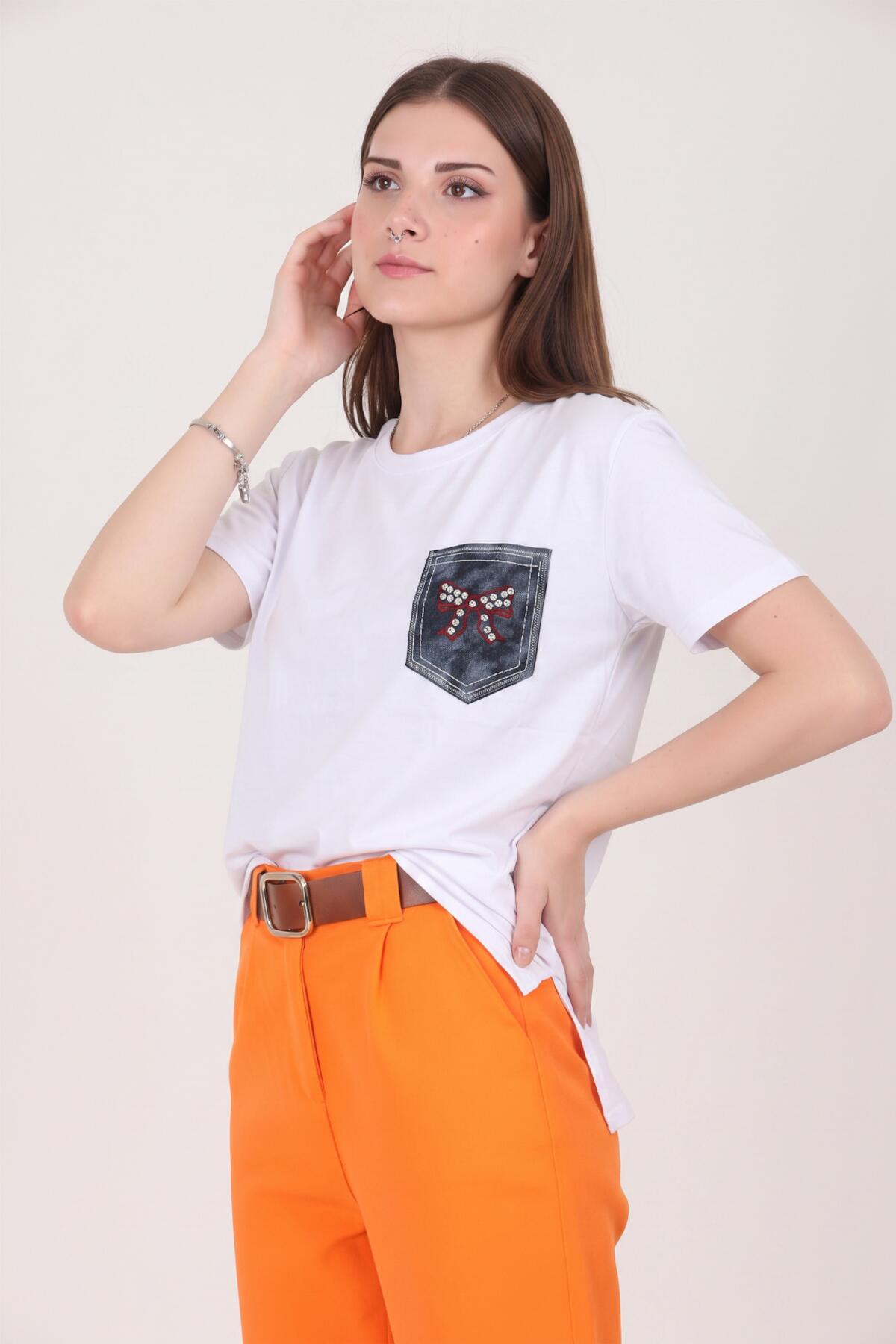 Crew - Neck T - Shirt With Embroidered Denim Pocket — White