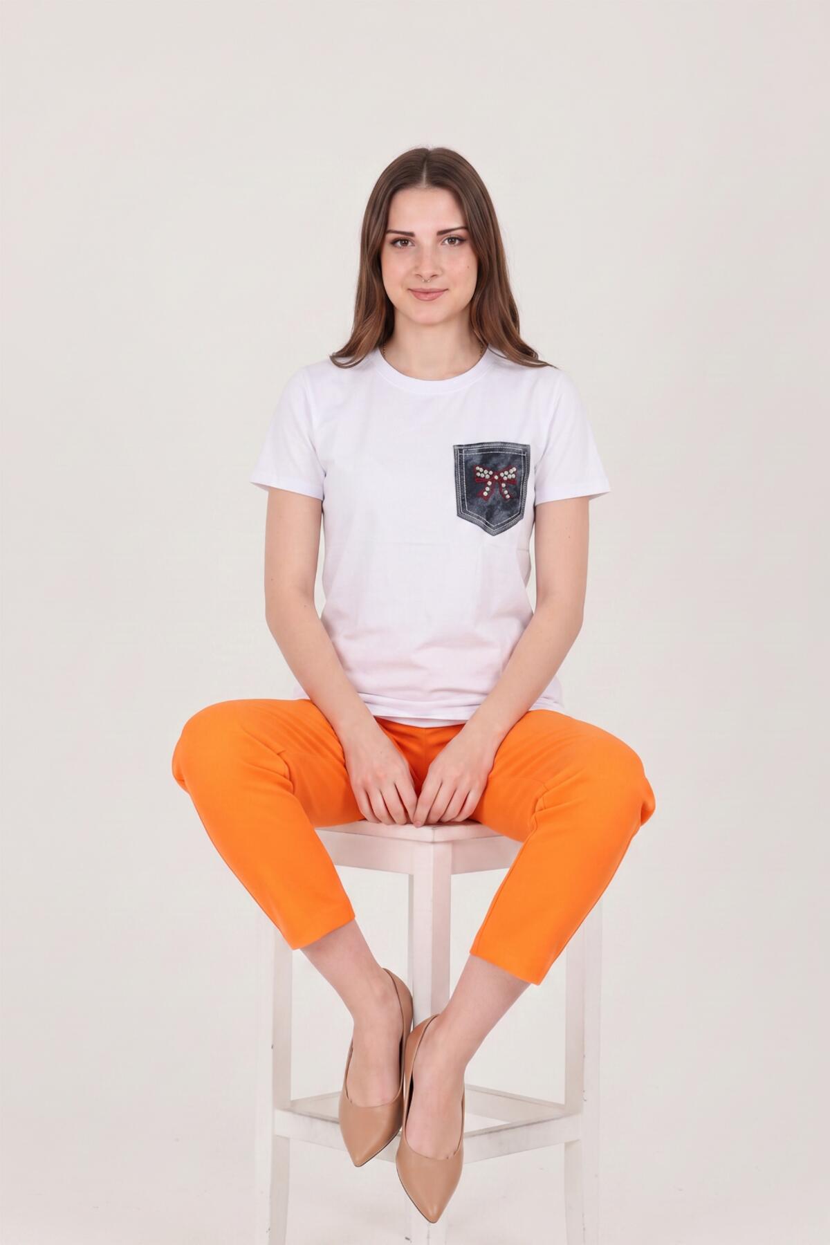 Crew - Neck T - Shirt With Embroidered Denim Pocket — White