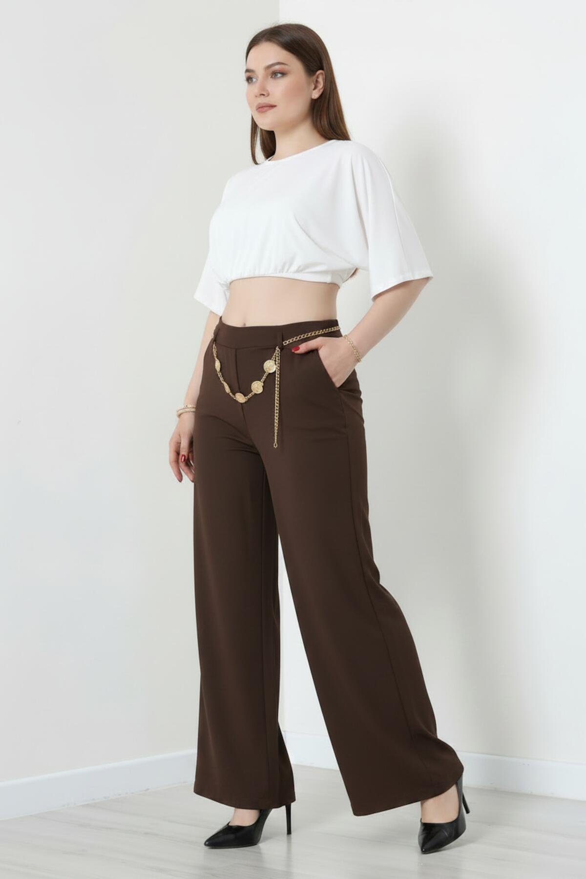 Belt - Detail Wide - Leg Trousers — Brown
