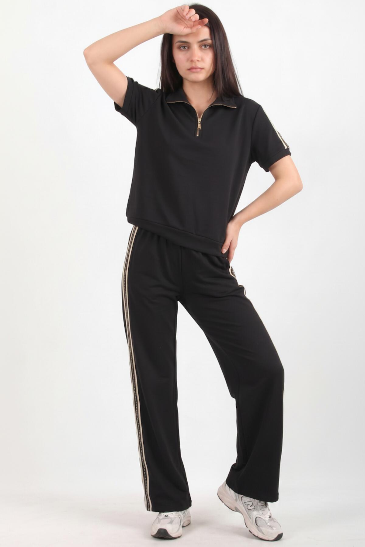 Half - Zip Set With Stripe Detail — Black