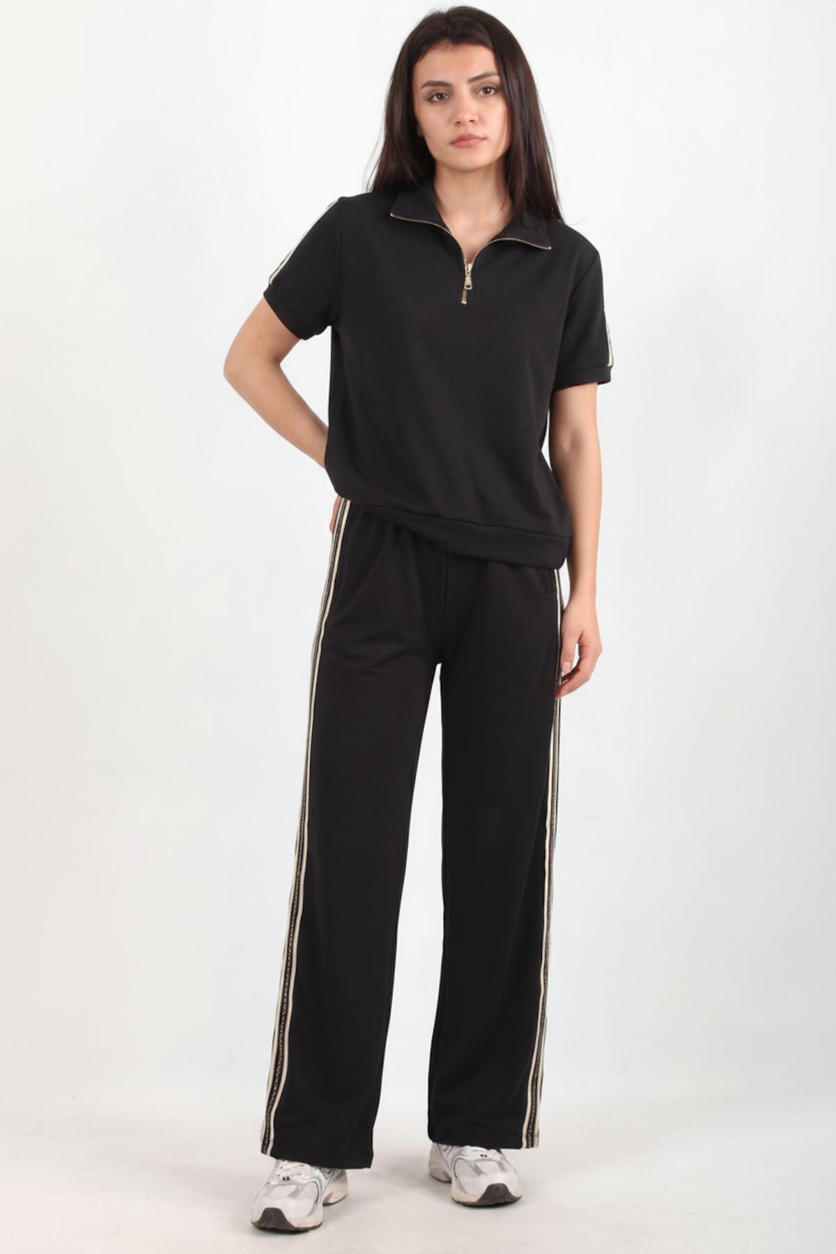 Half - Zip Set With Stripe Detail — Black