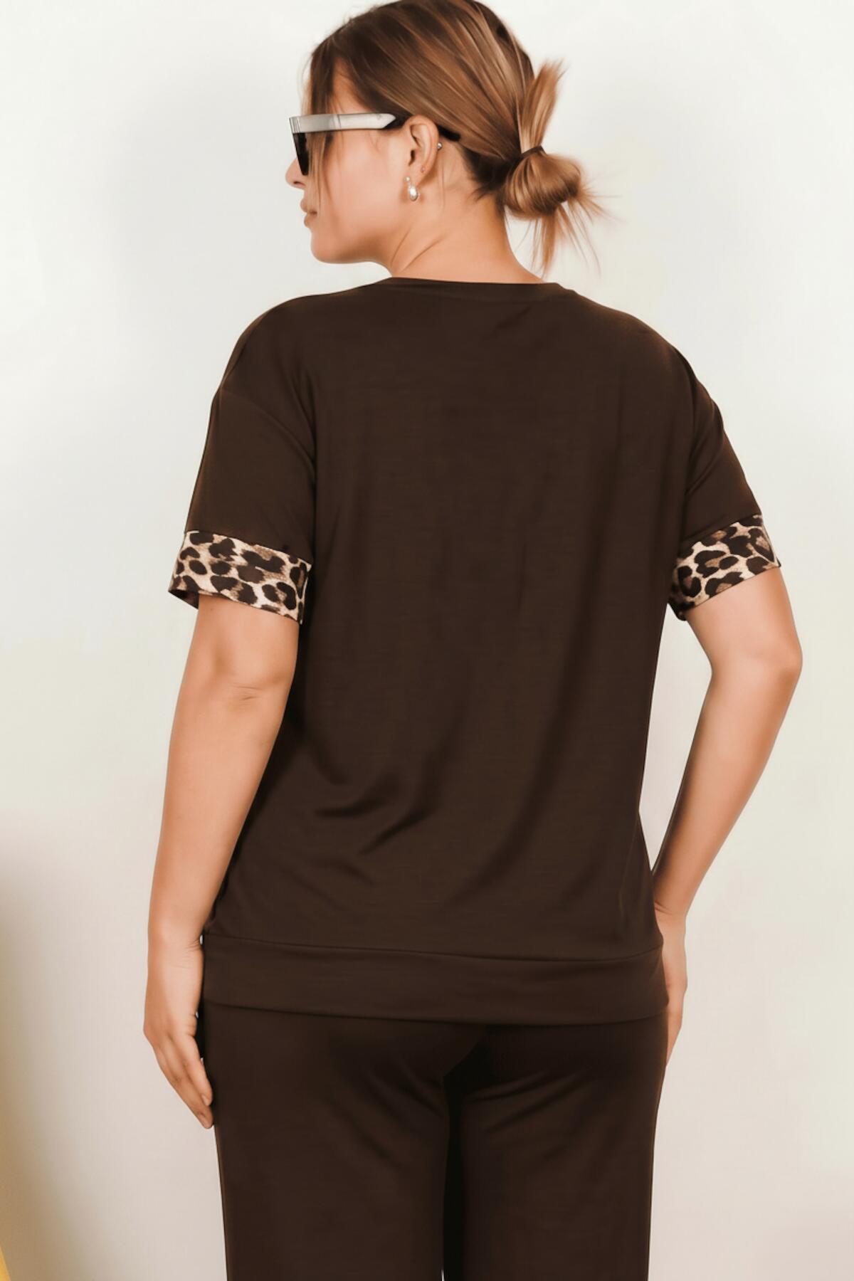 Plus - Size Leopard - Print Short - Sleeve Set — Brown