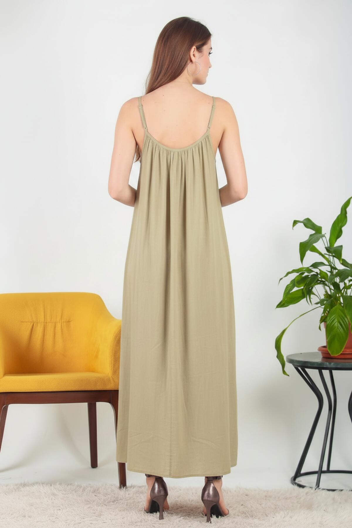 Italian Voile Midi Dress With Spaghetti Straps — Khaki