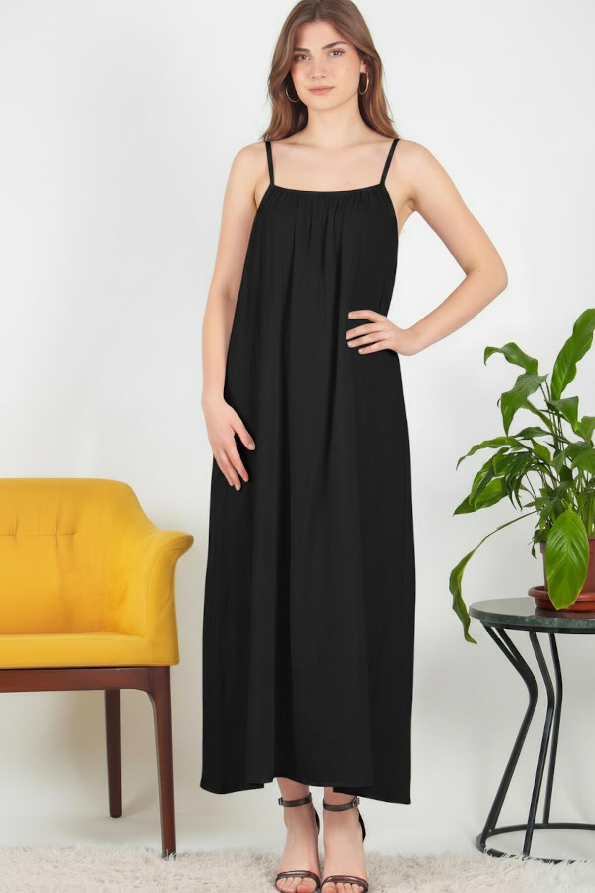 Italian Voile Midi Dress With Thin Straps — Black