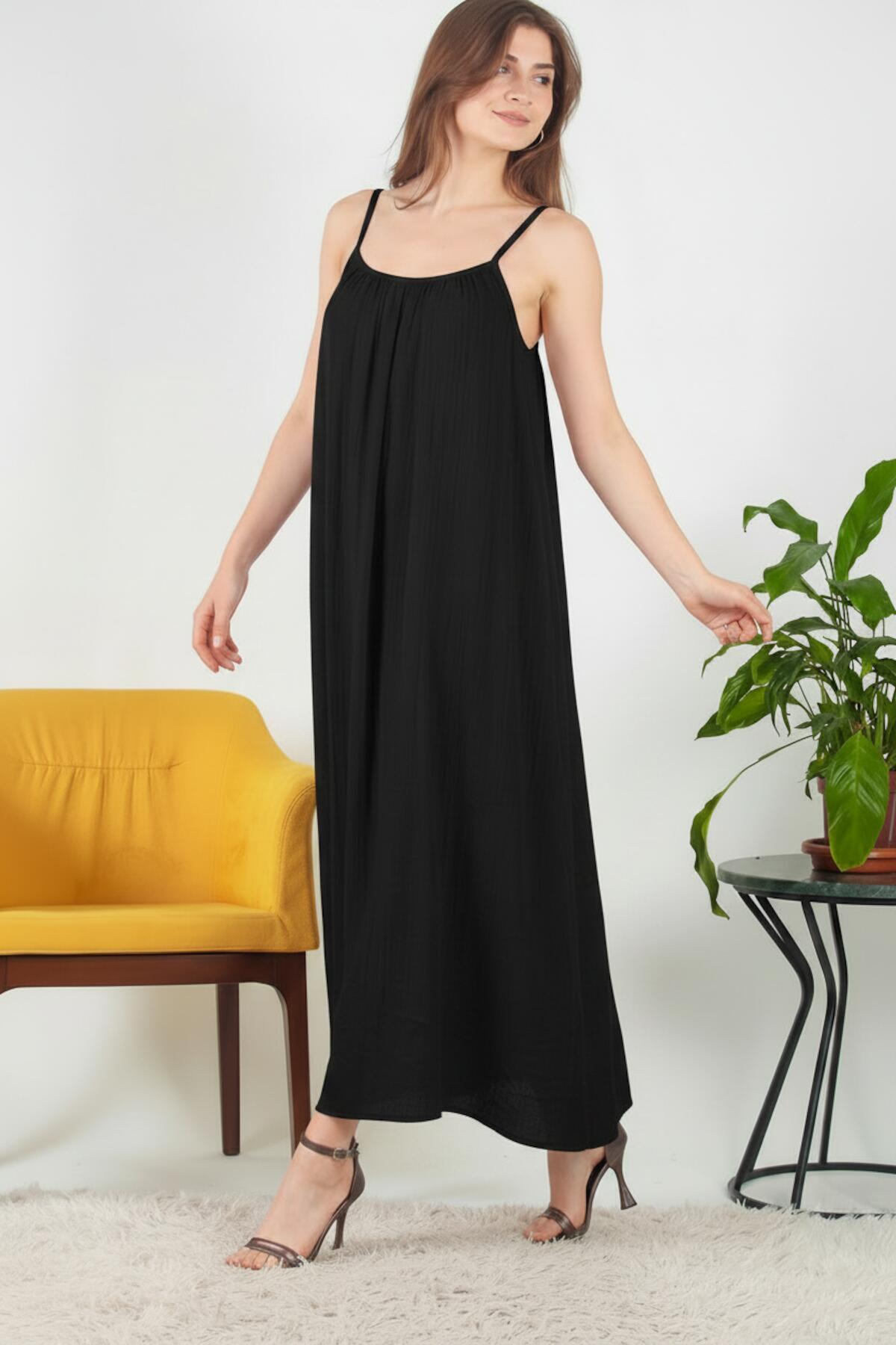 Italian Voile Midi Dress With Thin Straps — Black