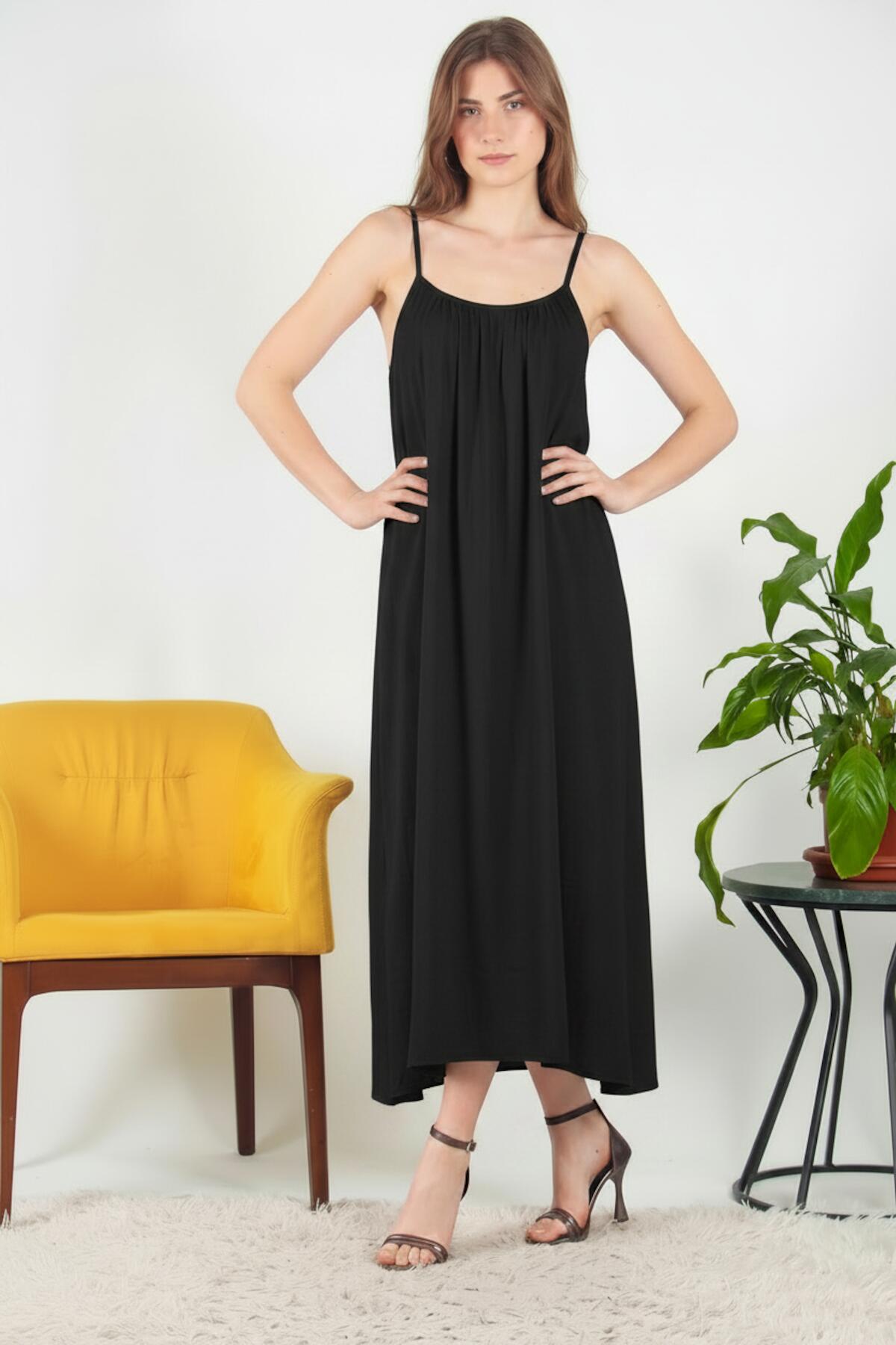 Italian Voile Midi Dress With Thin Straps — Black