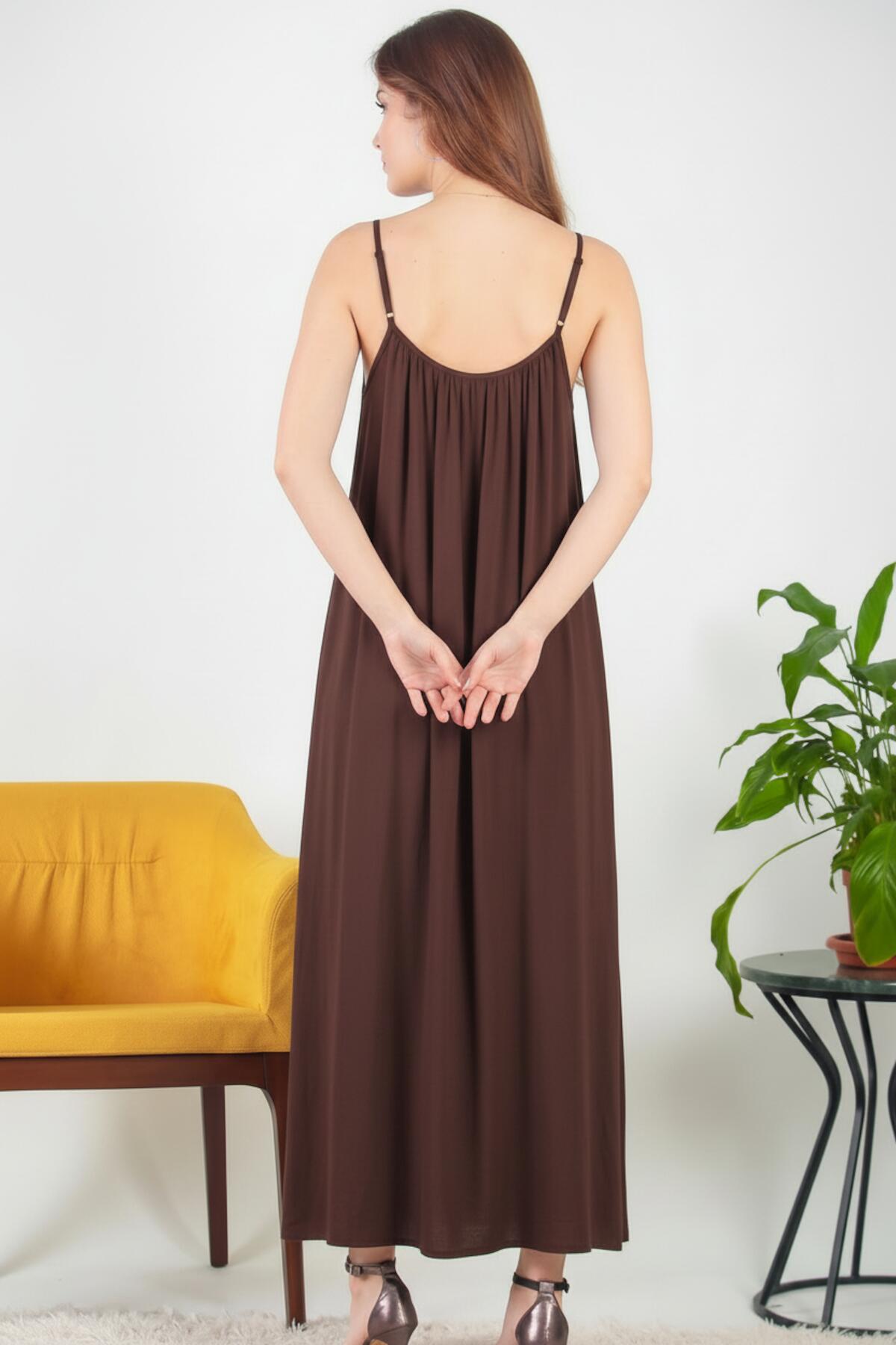 Italian Voile Midi Dress With Thin Straps — Brown