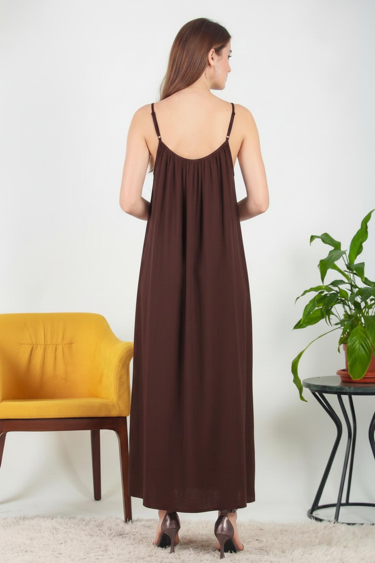 Italian Voile Midi Dress With Thin Straps — Brown
