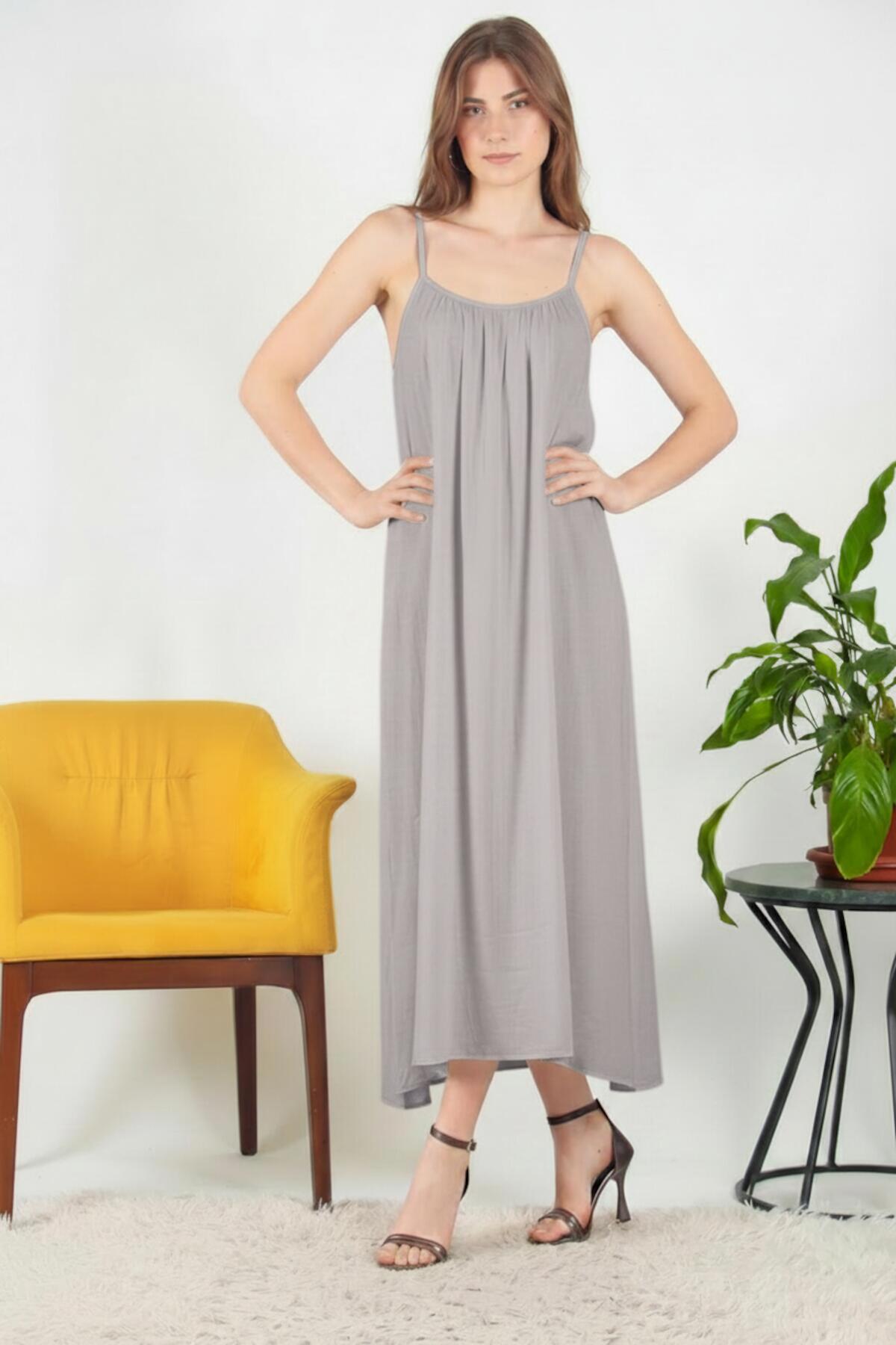 Italian Voile Midi Dress With Thin Straps — Grey