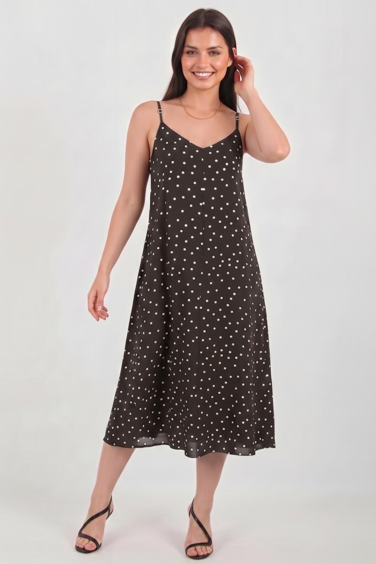 Polka‑Dot Tie‑Strap Dress — Brown