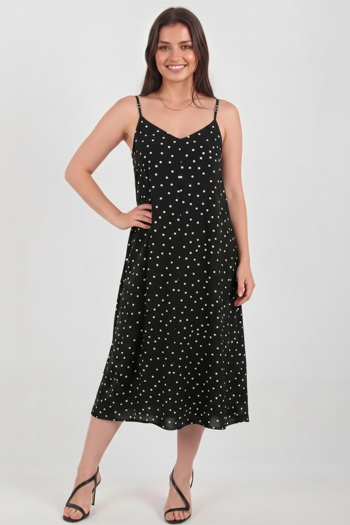 Polka‑Dot Tie‑Strap Dress — Black