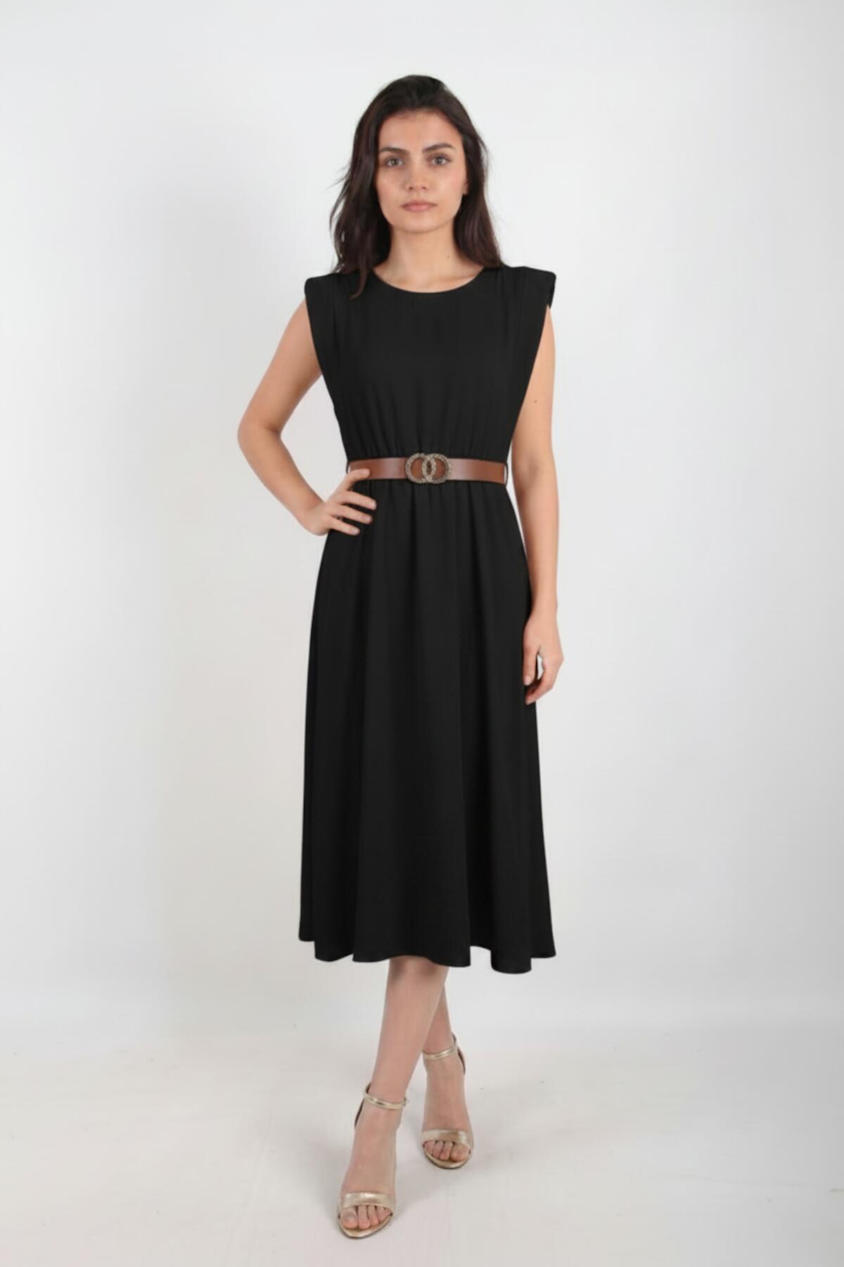Black Dress With Padded Shoulders And Slim Elastic Waist