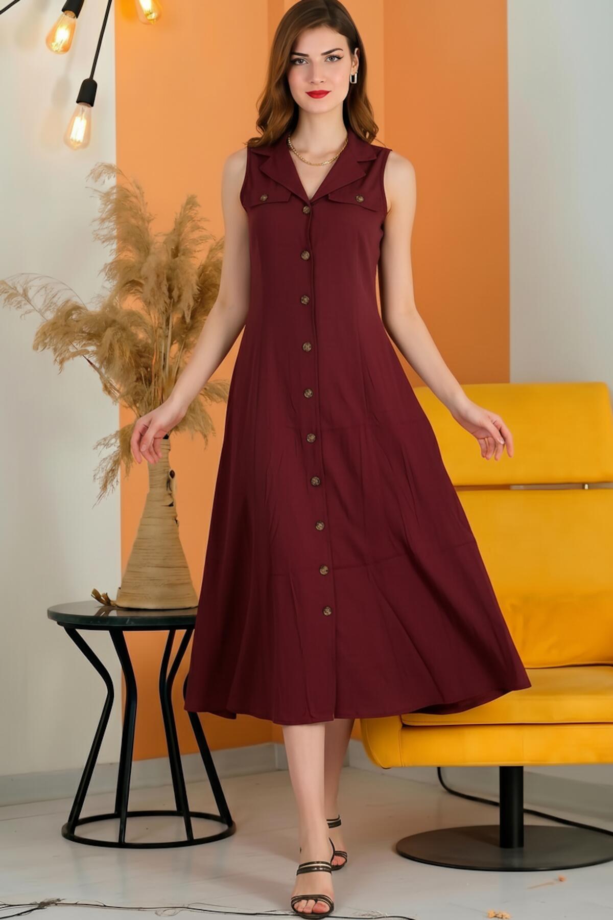 Button - Front Sleeveless Dress — Burgundy