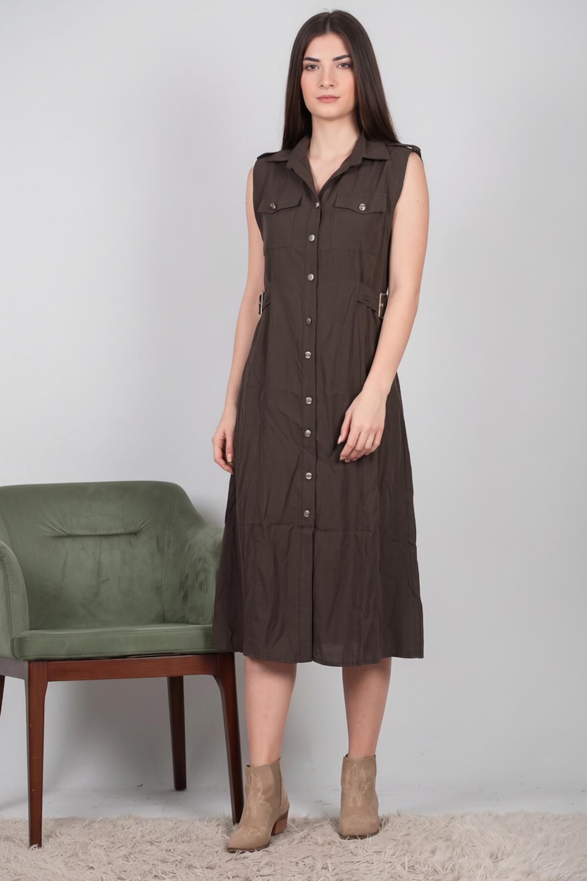 Brown Shirt Dress With Flap - Pocket Shoulders And Shiny Front Buttons