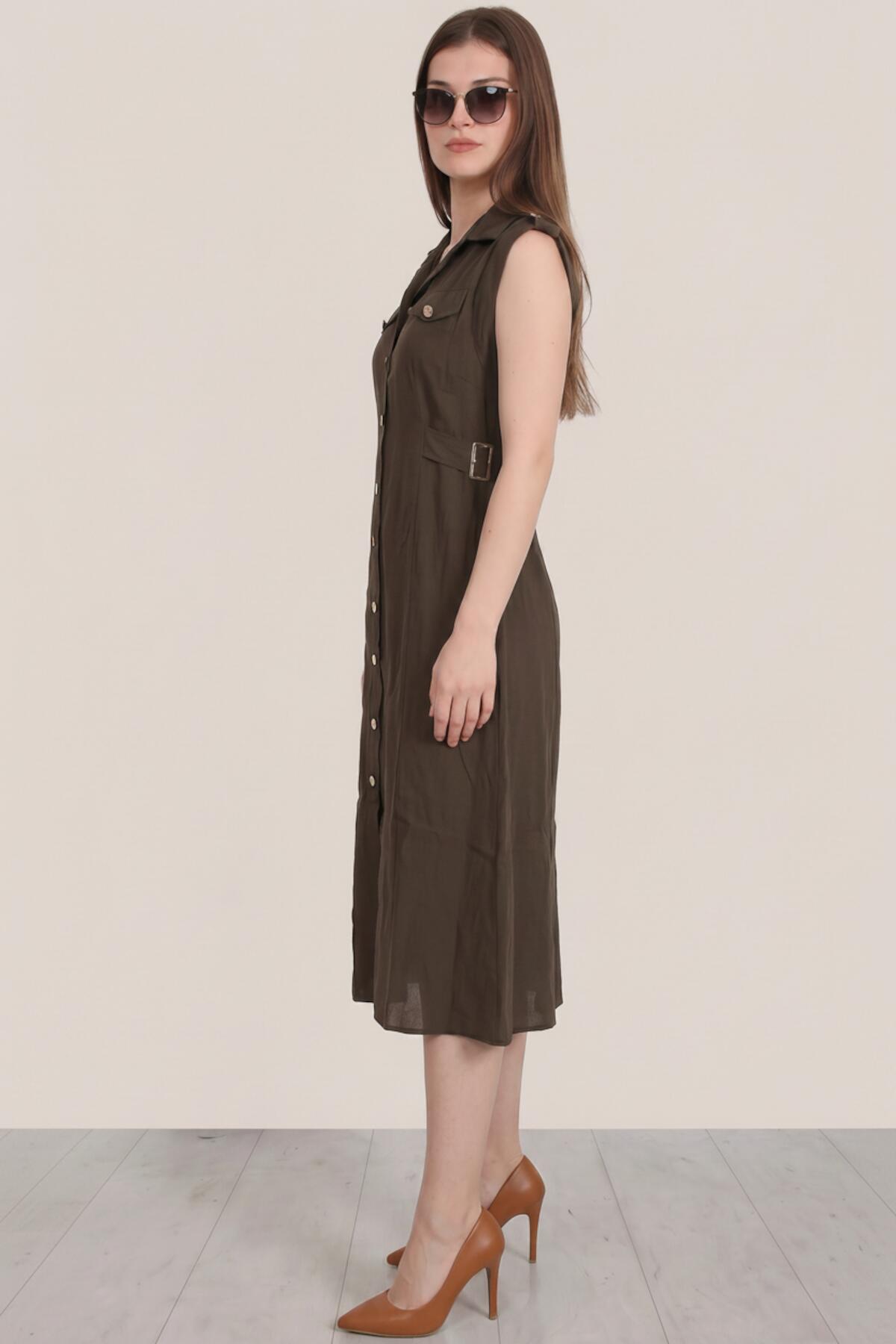 Brown Shirt Dress With Flap - Pocket Shoulders And Shiny Front Buttons