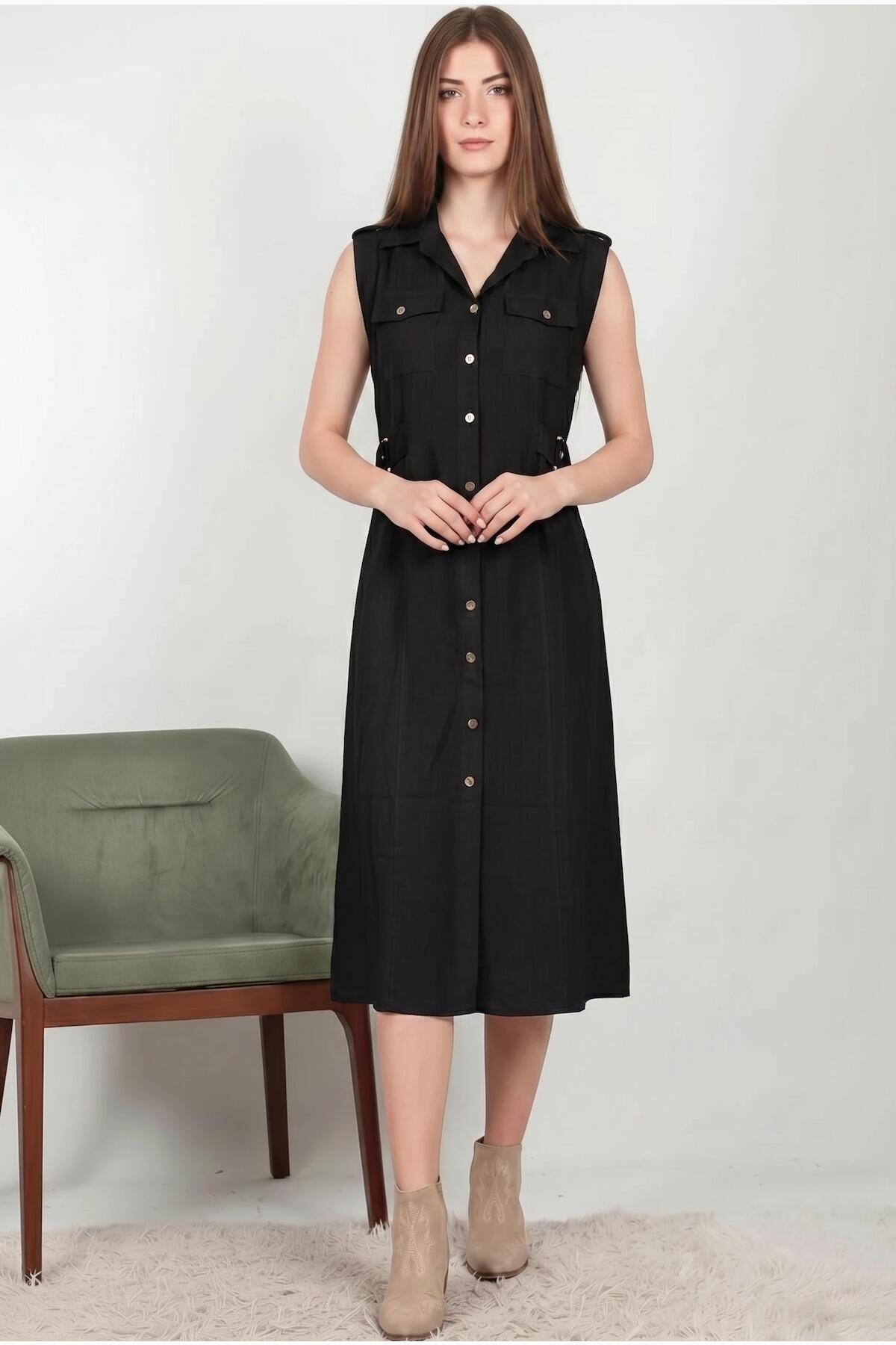 Black Shirt Dress With Flap Pockets And Shiny Front Buttons