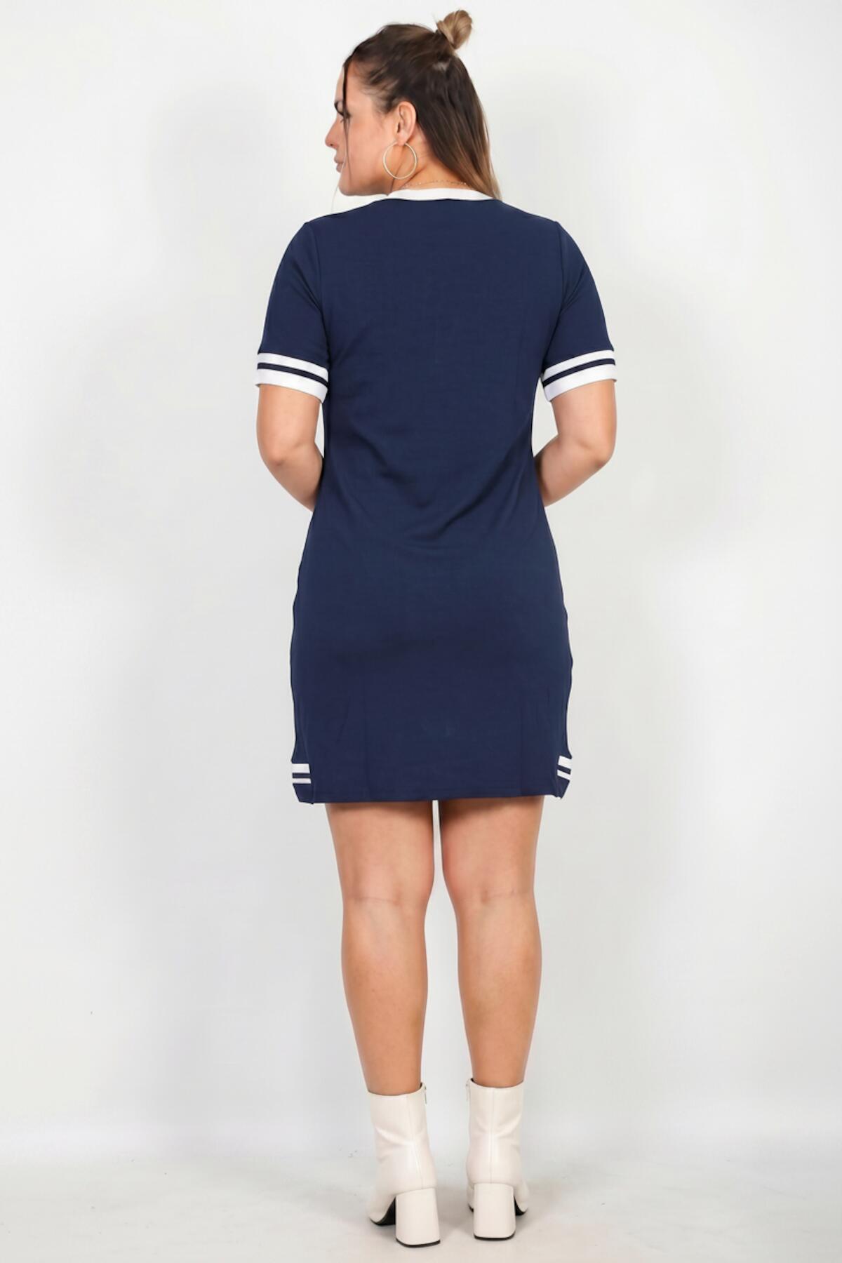Plus - Size V - Neck Dress With Stripe Detail — Navy