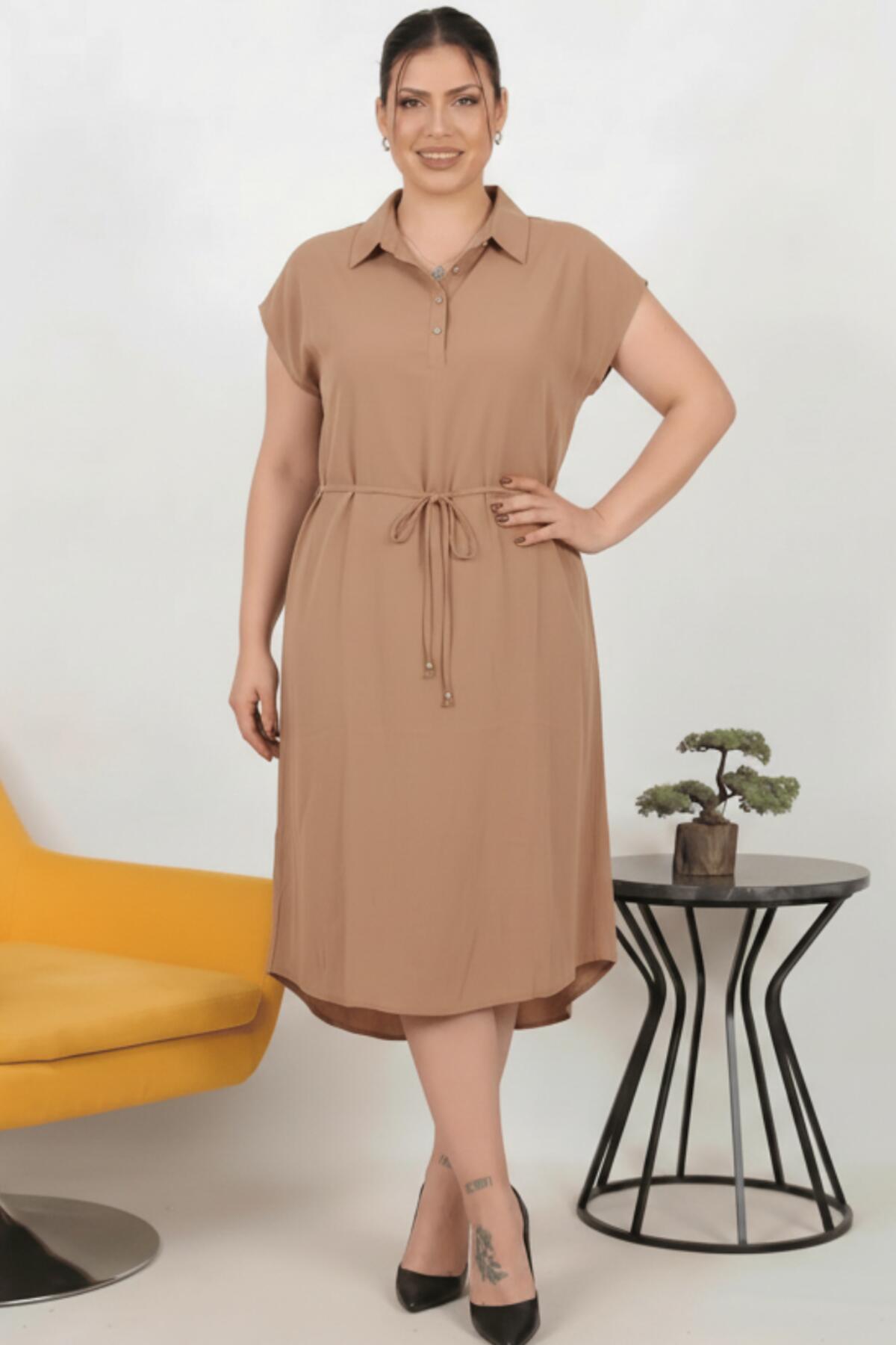 Plus - Size Modal Cupra Shirt - Collar Dress — Cognac