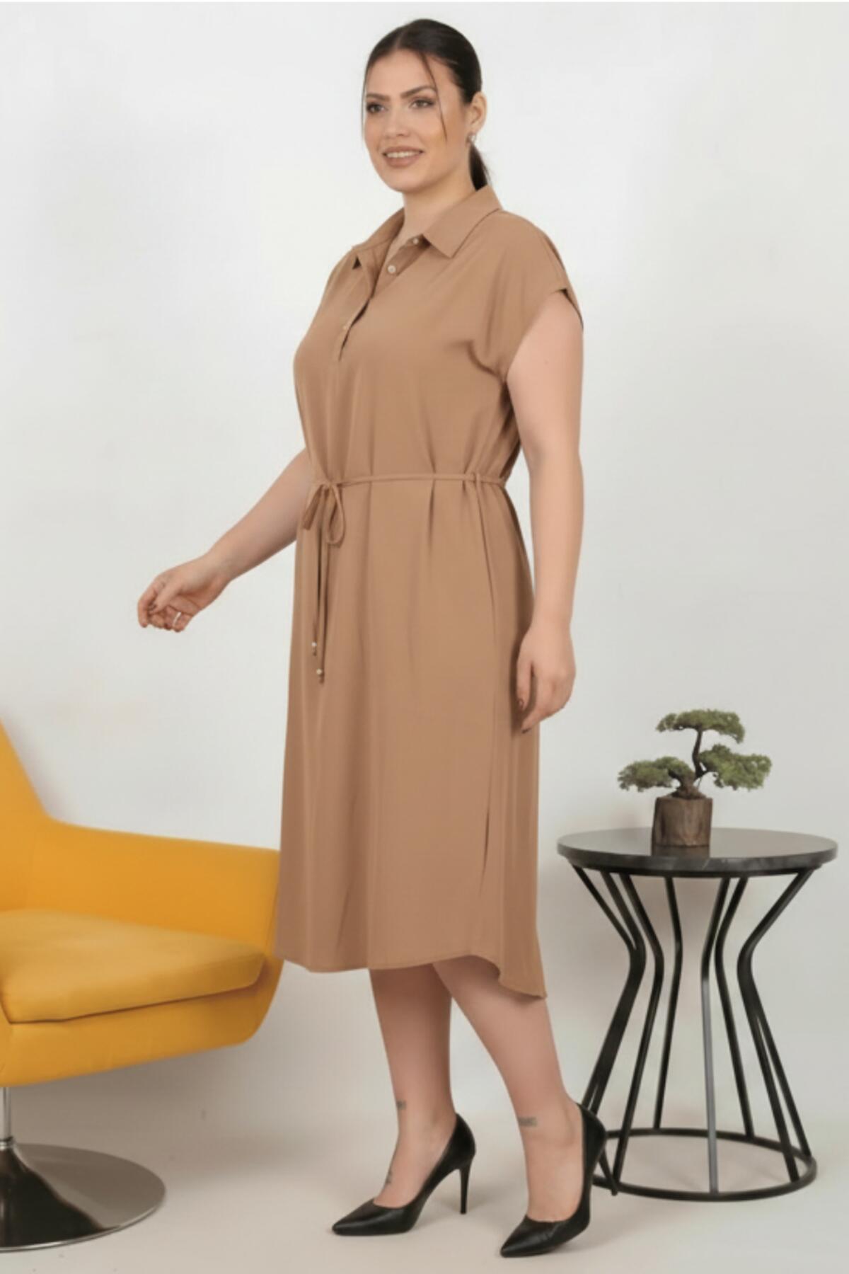 Plus - Size Modal Cupra Shirt - Collar Dress — Cognac
