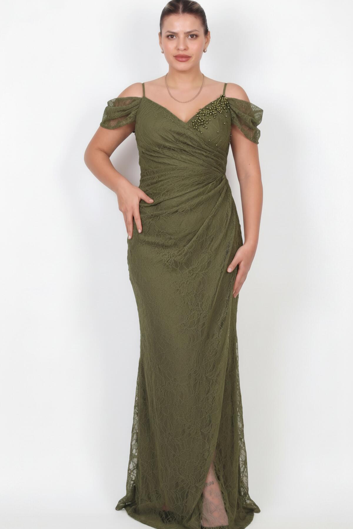 Plus‑Size Lace Evening Dress With Pearl‑Embellished Bust — Khaki