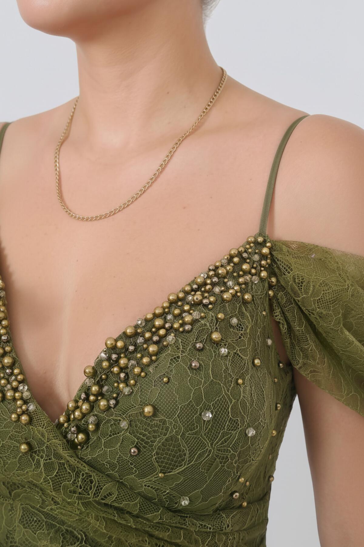 Plus‑Size Lace Evening Dress With Pearl‑Embellished Bust — Khaki