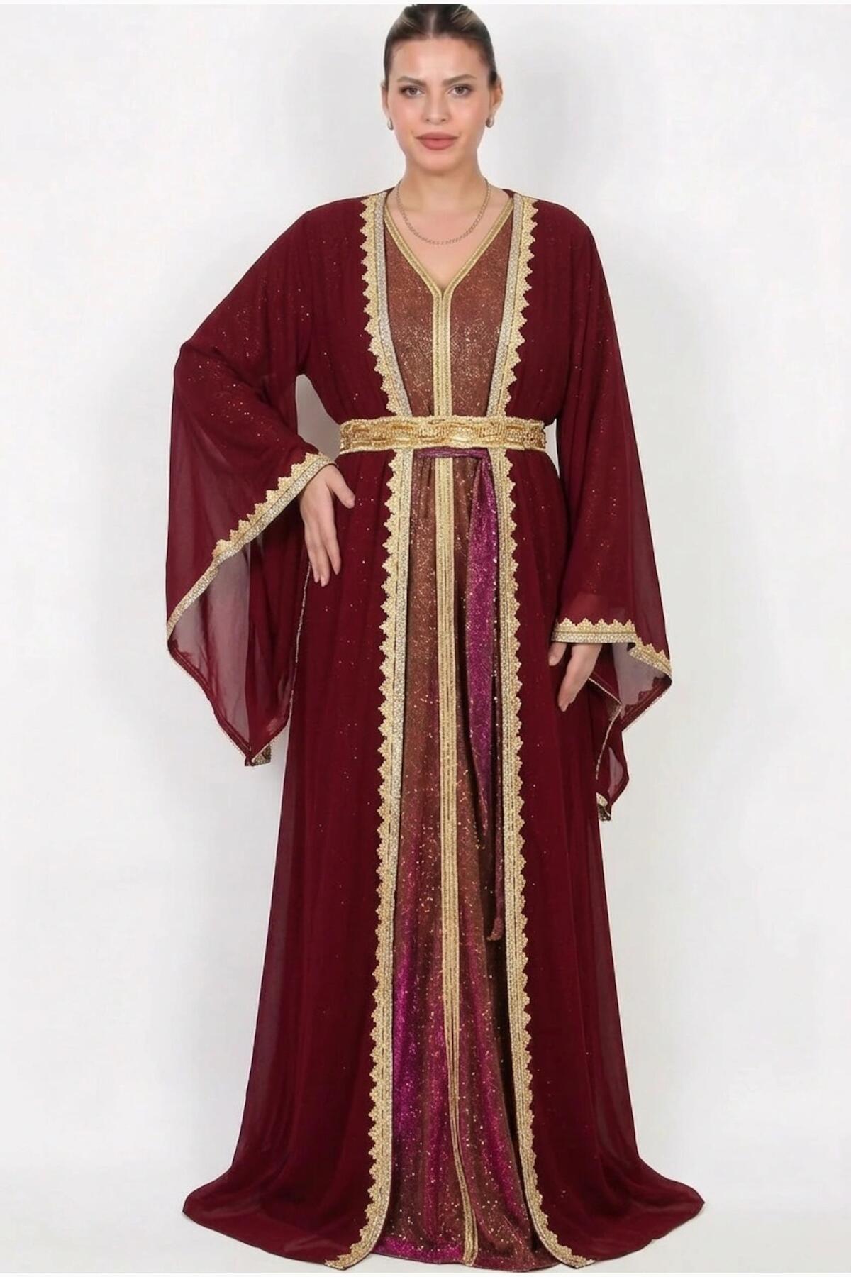 Embroidered Belted Dress — Burgundy