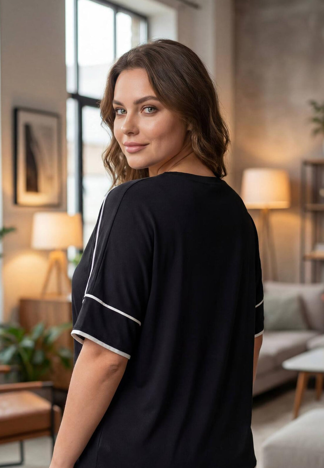 Plus - Size Jersey Top With Stripe Detail — Black