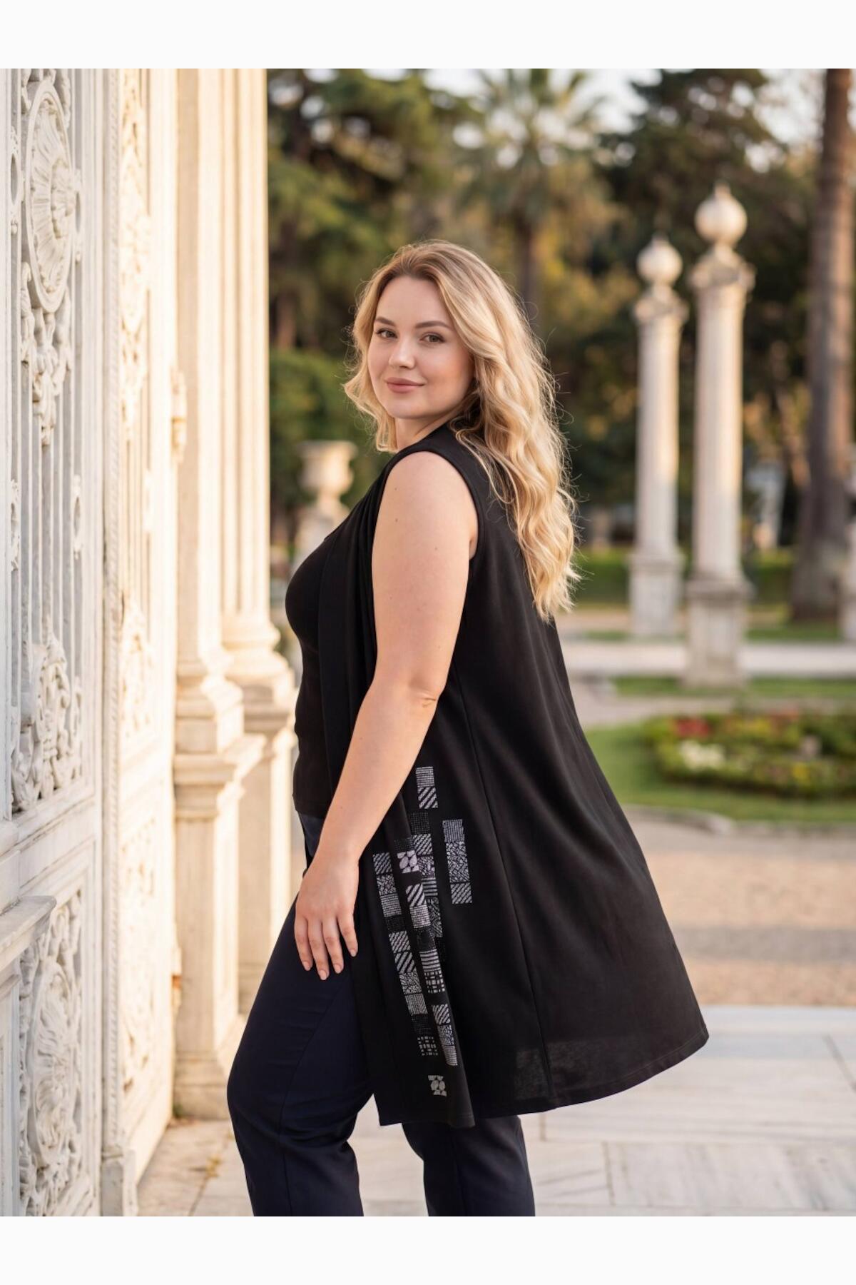 Plus - Size Patterned Crystal Fabric Vest — Black