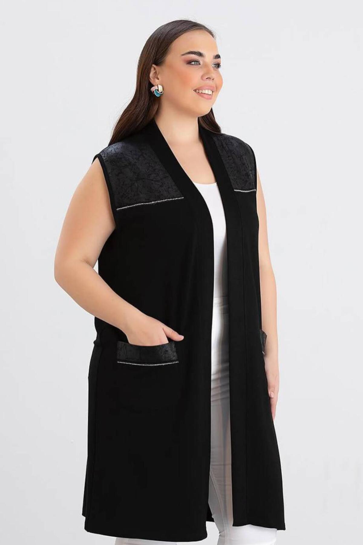 Plus - Size Long Vest With Pocket Detail — Black